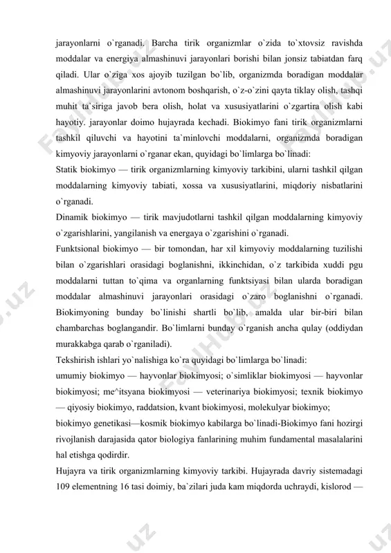 iokimyosi; me^itsyana biokimyosi — veterinariya biokimyosi; texnik biokimyo — qiyosiy biokimyo, raddatsion, kvant biokimyosi, molekulyar biokimyo; biokimyo genetikasi—kosmik biokimyo kabilarga bo`linadi-biokimyo fani hozirgi rivojlanish darajasida qator biologiya fanlarining muhim fundamental masalalarini hal etishga qodirdir. hujayra va tirik organizmlarning kimyoviy tarkibi. hujayrada davriy sistemadagi 109 elementning 16 tasi doimiy, ba`zilari juda kam miqdorda uchraydi, kislorod — 65-75%, vodorod — 8-10%, uglerod — 15-18%, azot — 1,5-3%. kislorod miqdori, ayniqsa ko`p bo`ladi, 98% ni tashkil etadi, ya`ni: i) o, n, s, m, 5, r, k, sa, na, md, s1, re — makroelementlar; ii) so, si, 2p, mp, mo, n1, sy, 5g, va, ve, u,0 langan guruchdan tayyorlangan ovqatlarni ko`proq iste`mo qilishlari kerak, yosh organizm o`sishining sekinlashuvi, ko`z shox pardasi va terining zararlanishi, shapko`rlik.hayvonot yogi, baliq, tuxum,sut, jtsgar, sabzi, pomidor va boshq. 2, d — ergokal tsiferol bolalarda raxit kasalligi,baliq moyi, ji-gar, tuxum sari-gi, ter.ida quyosh nuri ta`sirida sintezlanadi 0,025 ch 3. e— …