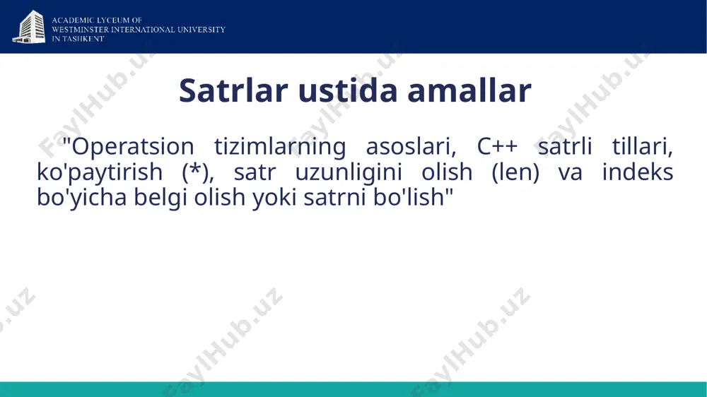 a, satrni so’zlar bo’yicha ajratadi. masalan, bizda “salom dunyo” satri bo’lsa, natija [“salom”, “dunyo”] bo’ladi, bu yerda salom so’zining indeksi 0, dunyo so’zining indeksi esa 1. eslatma “gul”, “is” va “ton” fragmentlaridan so’z tuzing. 1-vazifa ekranda ismingizni 5 marta chiqarish uchun dastur yozing. 2-vazifa sinf (masalan, 9) va ism (masalan, mirshodbek) foydalanuvchi tomonidan kiritiladi. “men 9-sinf o’quvchisi mirshodbek” satrini chiqarish uchun dastur yozing. 3-vazifa 4-vazifa berilgan satrda har bir so’zning birinchi harfini katta harfga o’zgartiring va natijani chiqaring. s satri va w so’zi berilgan. w so’zini s satridan o’chiring. 5-vazifa 6-vazifa adres@gmail.com ko’rinishidagi pochta manzili berilgan. faqat manzilni (adres@gmail.com qismini) chiqaradigan dastur yozish talab etiladi. masalan: ishigamibestgirl@gmail.com -> ishigamibestgirl zurajanai@gmail.com -> zurajanai image3.png image4.emf image5.png image6.png image7.png image8.png image9.png image10.png image11.png image12.png image13.png image14.png /docprops/thumbnail.jpeg