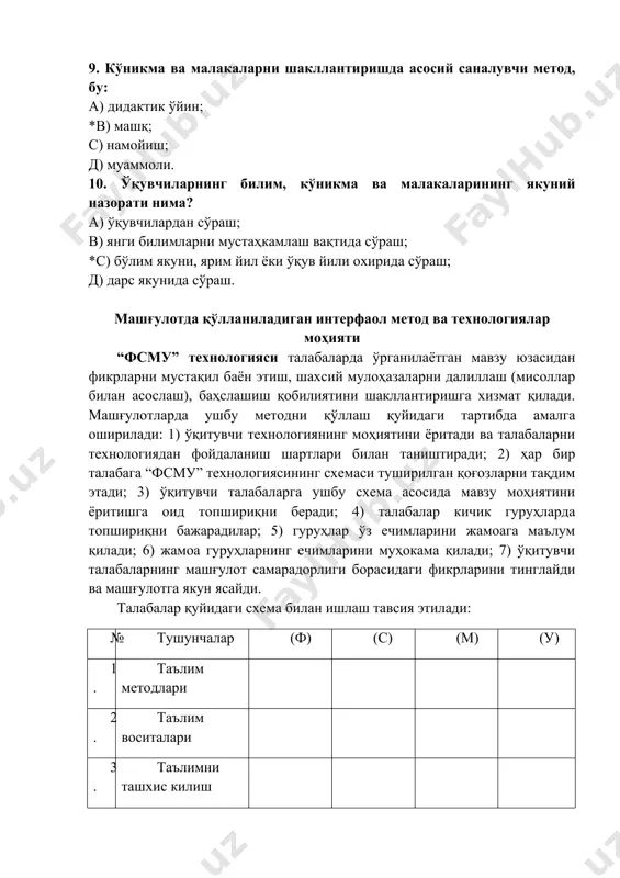 ) жамоа гуруҳларнинг ечимларини муҳокама қилади; 7) ўқитувчи талабаларнинг машғулот самарадорлиги борасидаги фикрларини тинглайди ва машғулотга якун ясайди. талабалар қуйидаги схема билан ишлаш тавсия этилади: № тушунчалар (ф) (с) (м) (у) 1. таълим методлари 2. таълим воситалари 3. таълимни ташхис килиш изоҳ: шартли белгилар қуйидаги мазмунни англатади: (ф) – фикрингизни баён этинг; (с) – фикрингизни асословчи бирон сабаб кўрсатинг; (м) – кўрсатилган сабабнинг асосли эканлигини исботловчи мисол келтиринг; (у) – фикрингизни умумлаштиринг маърузада талабаларга бериладиган топшириқ: таълим методлари ва воситалари, шунингдек, таълимни ташхис қилиш мазмунини “фсму” методи ёрдамида очиб беринг