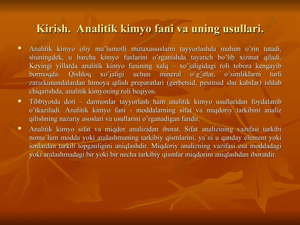 eriydi yoki suv ta’siridan kislotalarda eriydigan gidroksidlar hosil qiluvchi sulfidlari suyultirilgan kislotalarda erimaydi. i guruh ii guruh iii guruh iv guruh v guruh k+, na+, nh4+, mg2+ guruh reagent yo’q ca2+, sr2+, ba2+ guruh reagenti (nh4)2co3 al3+, cr3+, fe3+, fe2+, mn2+, co2+, zn2+ guruh reagenti (nh4)2s 1. ag guruhi ag+, pb2+, hg22+ xloridlari suvda erimaydi. guruh reagenti hcl. 2.cu гурухи cu2+, cd2+, bi3+ хлоридлари сувда эрувчан. гуруҳ реагенти h2s. sulfidlari na2s dа eriydi. hg2+, as3+, as5+, sb3+, sb5+, sn2+, sn4+ guruh reagenti na2s. i guruh kationlari 2kcl+na3[co(no2)6] = k2na[co(no2)6]+2nacl 2k++na+[co(no2)6]3- = k2na[co(no2)6] sariq cho’kma. nh4cl+naoh=nacl+nh3+h2o nh4 ++oh ⁻ =nh3+h2o nh4cl+4koh+2k2[ngj4] = [o nh2]j+7kj+kcl+3h2o qizil-qo’ng’ir cho’kma. birinchi guruh kationlariga xususiy reaksiyalar № ion reagent reaksiyaning molekulyar va ioniy tenglamasi ilova 1 li+ na2hpo4 li+–ionlarining analitik reaksiyalari 3licl+na2hpo4=li3po4+2nacl+hcl 3li+ + 3ci- + 2na+ + hpo2-4 = li3po4+ 2na++ 2ci-+ h+ + ci- 3li++ hpo2-4= li3po4 +h+ рн≥7, och sariq cho’kma kuchli kislotalarda …