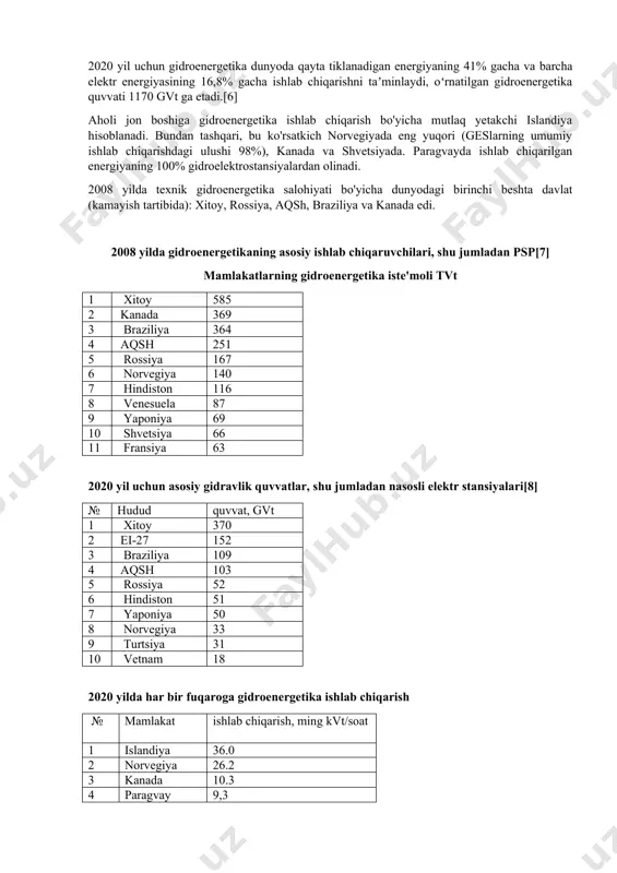 rossiya, aqsh, braziliya va kanada edi. 2008 yilda gidroenergetikaning asosiy ishlab chiqaruvchilari, shu jumladan psp[7] mamlakatlarning gidroenergetika iste'moli tvt 1 xitoy 585 2 kanada 369 3 braziliya 364 4 aqsh 251 5 rossiya 167 6 norvegiya 140 7 hindiston 116 8 venesuela 87 9 yaponiya 69 10 shvetsiya 66 11 fransiya 63 2020 yil uchun asosiy gidravlik quvvatlar, shu jumladan nasosli elektr stansiyalari[8] № hudud quvvat, gvt 1 xitoy 370 2 ei-27 152 3 braziliya 109 4 aqsh 103 5 rossiya 52 6 hindiston 51 7 yaponiya 50 8 norvegiya 33 9 тurtsiya 31 10 vetnam 18 2020 yilda har bir fuqaroga gidroenergetika ishlab chiqarish № mamlakat ishlab chiqarish, ming kvt/soat 1 islandiya 36.0 2 norvegiya 26.2 3 kanada 10.3 4 paragvay 9,3 5 butan 9,1 6 grenlandiya 7,1 7 yangi zelandiya 4,9 8 shveytsariya 4,4 9 laos 4.0 10 gruziya 2,5 11 albaniya 2,1 2000-yillarning boshlarida eng faol gidroqurilish …