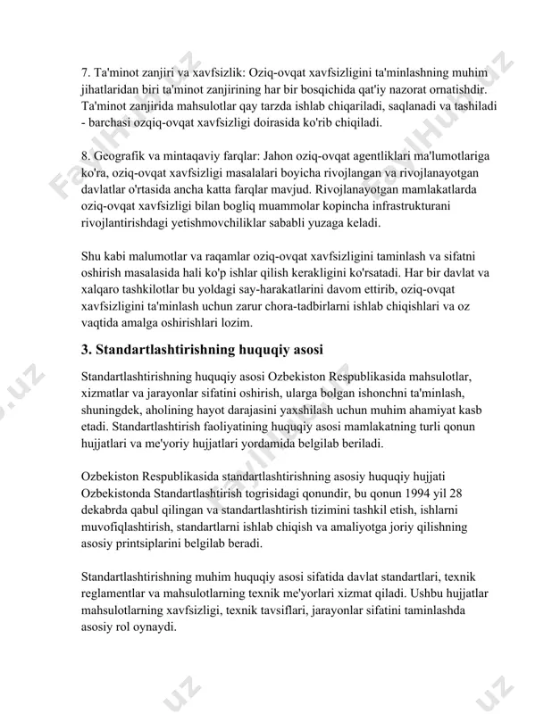 y qilishning asosiy printsiplarini belgilab beradi. standartlashtirishning muhim huquqiy asosi sifatida davlat standartlari, texnik reglamentlar va mahsulotlarning texnik me'yorlari xizmat qiladi. ushbu hujjatlar mahsulotlarning xavfsizligi, texnik tavsiflari, jarayonlar sifatini taminlashda asosiy rol oynaydi. texnik reglamentlar bu bevosita qonuniy kuchga ega bolgan hujjatlar bolib, ular mahsulotlarning majburiy sifat talablari va xavfsizlik korsatkichlarini belgilaydi. ular ishlab chiqaruvchilar va sotuvchilarning bozor talablari va xalqaro standartlarga javob berishini taminlaydi. ozbekiston respublikasining milliy standart organi ozstandart agentligidir. ushbu agentlik standartlarni ishlab chiqish, ularni tasdiqlash va davlat reyestrida ro'yxatdan o'tkazish bilan shugullanadi. milliy standartlar davlat iqtisodiyotining turli sohalaridagi talablarni qamrab oladi va amaldagi meyorlarni yaxshilash bilan bogliq. ozbekistonda xalqaro hamkorlik va standartlashtirishni rivojlantirishda jahon savdo tashkiloti (wto), xalqaro standartlashtirish tashkiloti (iso) va boshqa xalqaro tashkilotlar bilan koplab loyiha va dasturlar amalga oshirilmoqda. bu hamkorlik oz standartlarimizni xalqaro standartlarga moslashtirishni kozda tutadi. davlat nazorati standartlashtirishning muhim huquqiy asosi hisoblanadi. ozbekiston respublikasi vazirlar mahkamasi tomonidan tasdiqlangan maxsus me'yoriy …