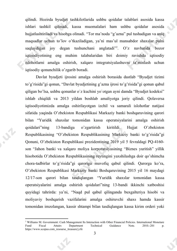 tahrirda: ya’ni, “naqd pul qabul qilinganda buxgalteriya hisobi va moliyaviy boshqarish vazifalarini amalga oshiruvchi shaxs hamda kassir tomonidan imzolangan, kassir shtampi bilan tasdiqlangan kassa kirim orderi yoki kassa apparatining izi tushirilgan chipta pul topshirgan shaxsga beriladi” - deb bayon etilishi belgilandi. ushbu normativ-huquqiy hujjatlardan tashqari davlat sektori uchun moliyaviy hisobotning xalqaro standartlari asosida, milliy iqtisodiyotimiz uchun davlat sektori uchun byudjet hisobining milliy standartlari ishlab chiqilmoqda hamda yaqin kelajakda (2020 yildan boshlab) amaliyotga joriy etilishi rejalanmoqda. qonunchilikning doimiy ravishda yanada mustahkamlanib borilishi, byudjet tashkilotlarida hisob ishlarini tashkil etishda o`z navbatida xato va kamchiliklarni chetlab o`tishda dasturilamal bo`lib hizmat qiladi. xususan, byudjet tashkilotlarida kassa muomalalari hisobini tashkil etishda ham. davlat sektorining ajralmas bo`g`ini hisoblangan byudjet tashkilotlari naqd pulsiz hisob-kitob qilish bilan birga naqd pul bilan ham ish jarayonlarini amalga oshiradilar. naqd pulli jarayonlarga xodimlarga ish haqi berish, hisobdor shaxslarga bo’naklar, mukofotlar ajratish va boshqalar kiradi. muassasalarda naqd pul bilan bo’ladigan jarayonlarga kassa …