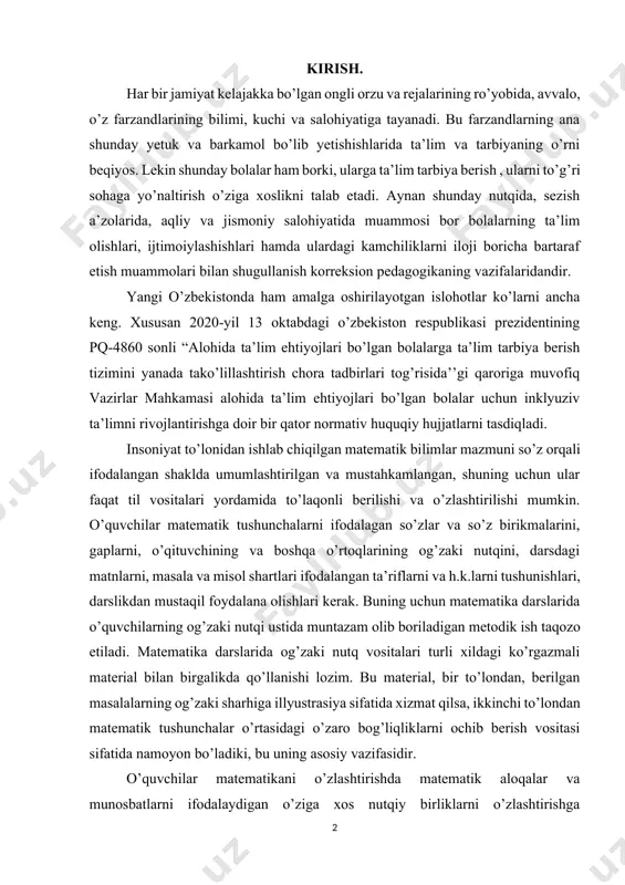 rni ifodalagan so’zlar va so’z birikmalarini, gaplarni, o’qituvchining va boshqa o’rtoqlarining og’zaki nutqini, darsdagi matnlarni, masala va misol shartlari ifodalangan ta’riflarni va h.k.larni tushunishlari, darslikdan mustaqil foydalana olishlari kerak. buning uchun matematika darslarida o’quvchilarning og’zaki nutqi ustida muntazam olib boriladigan metodik ish taqozo etiladi. matematika darslarida og’zaki nutq vositalari turli xildagi ko’rgazmali material bilan birgalikda qo’llanishi lozim. bu material, bir to’londan, berilgan masalalarning og’zaki sharhiga illyustrasiya sifatida xizmat qilsa, ikkinchi to’londan matematik tushunchalar o’rtasidagi o’zaro bog’liqliklarni ochib berish vositasi sifatida namoyon bo’ladiki, bu uning asosiy vazifasidir. o’quvchilar matematikani o’zlashtirishda matematik aloqalar va munosbatlarni ifodalaydigan o’ziga xos nutqiy birliklarni o’zlashtirishga qiynaladilar. har bir mavzu bo’yicha matematik ata’lalar bilan bog’liq til vositalarini o’rgatishda tabiiy vaziyatlarni yaratib berish kerak. o’quvchilar faoliyatini notanish iboralar va ata’lalarni faqatgina eslab qolishga emas, balki nutqda bog’likliklar va munosabatlarni ifodalashga yordam beradigan modellar, gaplarni o’zlashtirishga yo’lnaltirish lozim. bu eslab qolinishi kerak bo’lgan maxsus ibora va ata’lalar sonini ancha …
