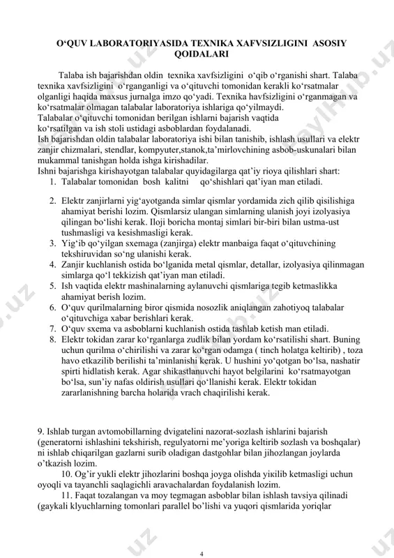 aqlovchi (predoxranitel) setkalar bilan o’ralishi lozim. 14. elektr asboblarni boshqa asboblardan alohida saqlanishi va ularni sozlig’ini ishlatishdan oldin tekshirib ishlatish lozim. 15. elektr asboblarni elektr manbaiga ulash faqat ko’shma shtepselorkali amalga oshiriladi, ularda zazemleniesi bulishi lozim. 16. agar ish vaqtida elektr asboblarida elektr toki kamayganligi sezilsa, zudlik bilan elektr asboblarini o’chirish va ularni ta’mirlash uchun topshirish lozim. 17. nazorat tekshiruvi (diagnostika) stendlarida generator, starter va tok taqsimlagich (prerivatel raspredelitel) larni tekshirish vaqtida bu agregatlarni nazorat qilish va ishchiga jaroxat etkazmaslikni oldini olish maqsadida ularni maxkamlash, moslamasiga to’grilab va mustaxkam qilib o’rnatish lozim. 18. payvandlash va ulashishlari gaz va chang tortuvchi ventilyasiyasi bor bo’lgan, alohida ajratilgan joylarda bajarish kerak. 19. vtulka, podshipnik va boshqalarni presslash ishlari faqat s’yomnik va presslar yordamida amalga oshiriladi. quyidagilar man qilinadi: 1.qanot, bufer ustida o’tirib yoki turib ishlash; 2.gaykali klyuchlarga prokladkalar qo’llash; 3.zanglagan gaykali klyuchlarni bolg’a bilan urish, zubila yordamida burash yoki ko’shimcha kuch beruvchi richaglarni …