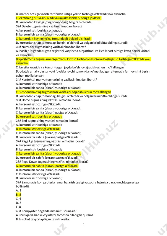 ordan keyingi (o‘ng tomondagi) belgini o‘chiradi; d. ishlayotgan dasturning ishini vaqtincha yoki butunlay to‘xtatadi; 30# enter tugmasining vazifasi nimadan iborat? a. ishlayotgan dasturning ishini vaqtincha yoki butunlay to‘xtatadi; b. kursorni boshqarish tugmalarini ro‘yxatni sudrash tartibiga o‘tkazadi; c. matnni orasiga yozish tartibidan ustiga yozish tartibiga o‘tkazadi yoki aksincha; d. keyingi satrga o‘tish farmoyishi; 31# printscreen tugmasining vazifasi nimadan iborat? a. kursorni boshqarish tugmalarini ro‘yxatni sudrash tartibiga o‘tkazadi; b. matnni orasiga yozish tartibidan ustiga yozish tartibiga o‘tkazadi yoki aksincha; c. ekranning nusxasini oladi va uni almashish buferiga joylaydi; d. kursordan keyingi (o‘ng tomondagi) belgini o‘chiradi; 32# delete tugmasining vazifasi nimadan iborat? a. kursorni satr boshiga o‘tkazadi; b. kursorni bir sahifa (ekran) yuqoriga o‘tkazadi; c. kursordan keyingi (o‘ng tomondagi) belgini o‘chiradi; d. kursordan chap tomondagi belgini o‘chiradi va qolganlarini bitta oldinga suradi; 33# numlock tugmasining vazifasi nimadan iborat? a. bosib turilganda tugma registrini vaqtincha o‘zgartiradi va kichik harf o‘rniga katta harfni kiritadi va …