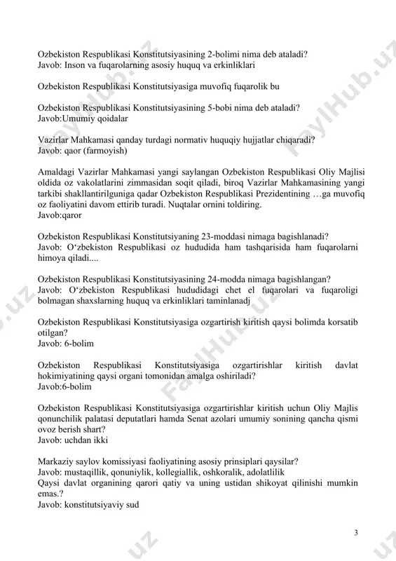 aladi? javob:umumiy qoidalar vazirlar mahkamasi qanday turdagi normativ huquqiy hujjatlar chiqaradi? javob: qaor (farmoyish) amaldagi vazirlar mahkamasi yangi saylangan o�zbekiston respublikasi oliy majlisi oldida o�z vakolatlarini zimmasidan soqit qiladi, biroq vazirlar mahkamasining yangi tarkibi shakllantirilguniga qadar o�zbekiston respublikasi prezidentining �…�ga muvofiq o�z faoliyatini davom ettirib turadi. nuqtalar o�rnini to�ldiring. javob:qaror o�zbekiston respublikasi konstitutsiyaning 23-moddasi nimaga bag�ishlanadi? javob: oʻzbekiston respublikasi oz hududida ham tashqarisida ham fuqarolarni himoya qiladi.... o�zbekiston respublikasi konstitutsiyasining 24-modda nimaga bag�ishlangan? javob: oʻzbekiston respublikasi hududidagi chet el fuqarolari va fuqaroligi bolmagan shaxslarning huquq va erkinliklari taminlanadj o�zbekiston respublikasi konstitutsiyasiga o�zgartirish kiritish qaysi bo�limda ko�rsatib o�tilgan? javob: 6-bolim o�zbekiston respublikasi konstitutsiyasiga o�zgartirishlar kiritish davlat hokimiyatining qaysi organi tomonidan amalga oshiriladi? javob:6-bolim o�zbekiston respublikasi konstitutsiyasiga o�zgartirishlar kiritish uchun oliy majlis qonunchilik palatasi deputatlari hamda senat a�zolari umumiy sonining qancha qismi ovoz berish shart? javob: uchdan ikki markaziy saylov komissiyasi faoliyatining asosiy prinsiplari qaysilar? javob: mustaqillik, qonuniylik, kollegiallik, oshkoralik, adolatlilik qaysi …