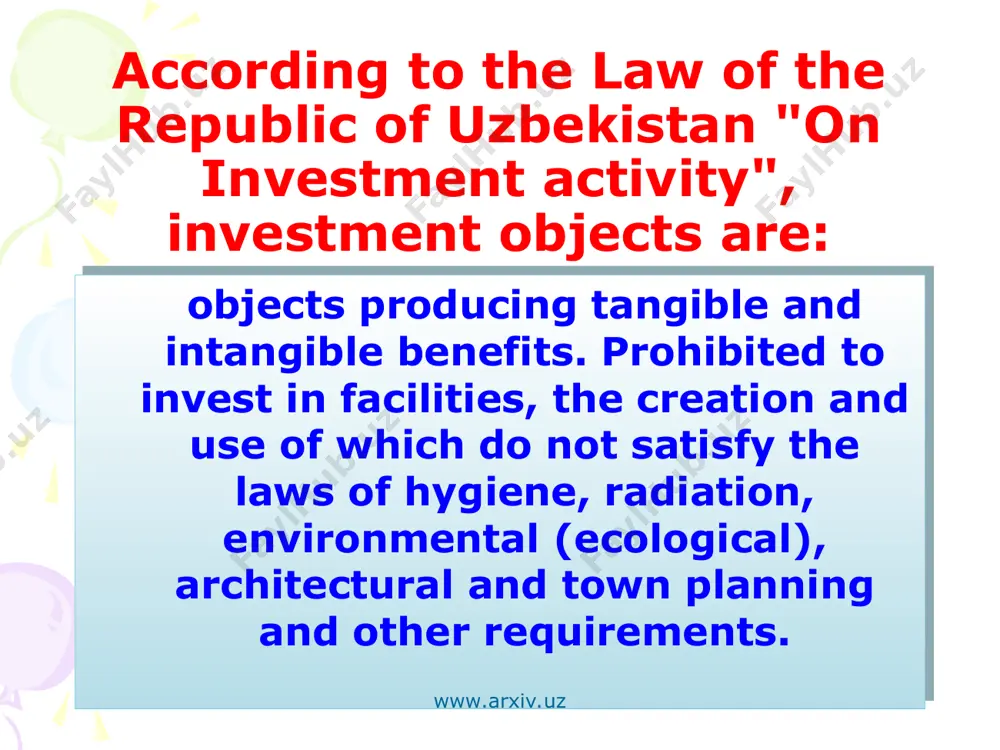 . as coordinator, the state can influence the activity of domestic and foreign investors. as a legislator, the state creates and improves the legal and regulatory framework. as investor, state financing the realization of economic and social investment projects from state and local budgets and extra-budgetary funds. foreign investors in making investment decisions do not consider specific areas or sectors of the economy of the state, but they consider the whole state as investment object. www.arxiv.uz www.arxiv.uz www.arxiv.uz investment policy investment policy - it is an integral part of the financial policy of the state, which is a set of methods and measures to attract, distribution and effective use of internal and foreign investment resources. the purpose of the state investment policy - the implementation of structural reforms in the economy, gdp growth, higher living standards and welfare of the population through the mobilization and effective use of investments. www.arxiv.uz …