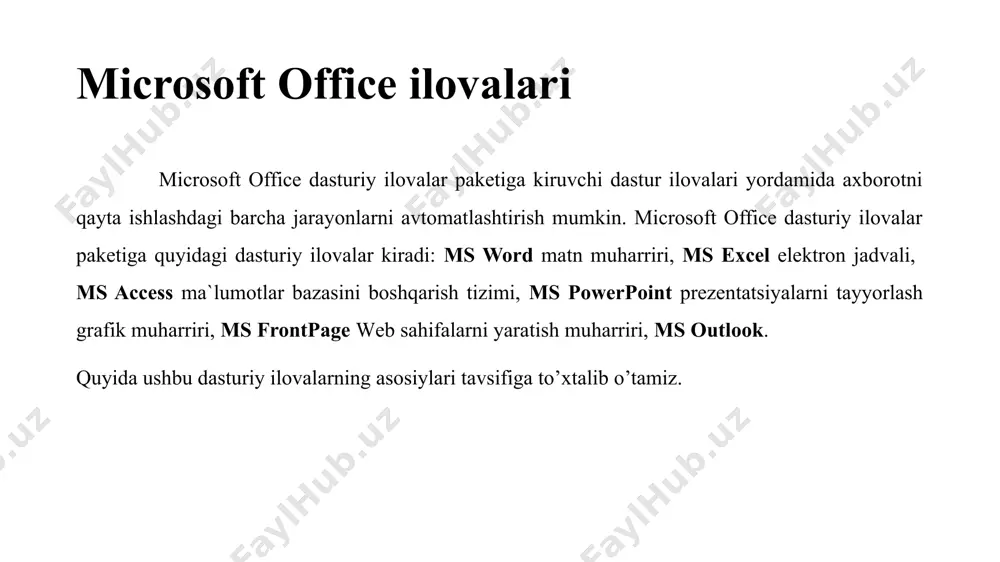 azifalari f1 dastur haqidagi qo’shimcha yordamchi ma`lumotlarni olish backspace kursordan chap tomondagi belgi yoki belgilarni o’chirish delete kursordan o’ng tomondagi belgi yoki belgilarni o’chirish ctrl + backspace kursordan chap tomondagi bitta so’zni o’chirish ctrl + delete kursordan o’ng tomondagi bitta so’zni o’chirish home satr boshiga kursorni o’tkazish end satr oxiriga kursorni o’tkazish ctrl + home hujjat boshiga kursorni o’tkazish ctrl + end hujjat oxiriga kursorni o’tkazish ctrl + a hujjatni to’liq belgilash ctrl + c matnning belgilangan qismidan nusxa olish ctrl + x matnning belgilangan qismini kesib olish funksional tugmalar funksional tugmalarning vazifalari ctrl + v kursor o’rnatilgan joyga matnning nusxa olingan yoki kesib olingan qismini qo’yish ctrl + z bajarilgan amalni bekor qilish ctrl + s hujjatni diskda saqlash ctrl + n yangi hujjat yaratish ctrl + o diskda saqlangan hujjatni ochish ctrl + f hujjatda kerakli belgini izlash ctrl + h hujjatda kerakli belgini almashtirish ctrl + k …