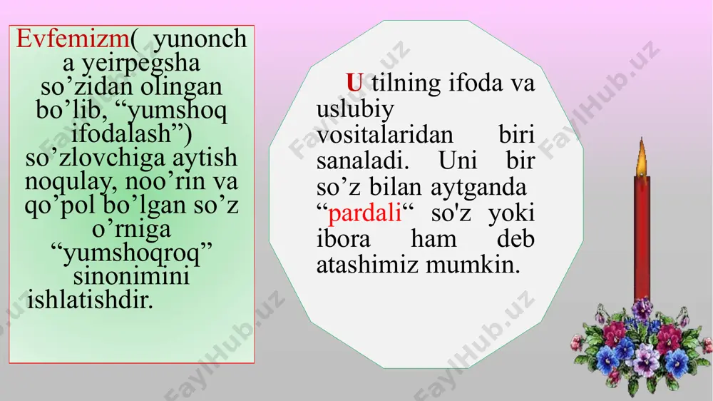 o’pol ifoda)da: xotini… solishtiring! 10.2-mashq.agar bu ayol kimningdir turmush o’rtog’i bo’lsa… o’qish ko’nikmasini shakllantirish uchun topshiriq: darslikdagi ushbu mashqni o’qib chiqing va shu tarzda davom ettiring “fikriy hujum” metodi orqali yozish ko’nikmasini shakllantirish uchun topshiriq evfemizm va disfemizm qoidasini o’z tushunchangiz bo’yicha qisqa tarzda daftaringizga bayon eting hamda ”kim zukko” musobaqasi orqali ushbu jadvalni to’ldiring. disfemizmlar: qashshoq g’ilay chol bo’ydoq evfemizmlar: javobingizni solishtiring disfemizmlar: qashshoq g’ilay chol bo’ydoq evfemizmlar: faqir, yo’qsil, miskin… bir ko‘zi mag‘ribda, bir ko‘zi mashriqda… keksa, mo’ysafid, oqsoqol, yoshi ulug’ boshi ochiq, uylanmagan, boshi ikkita bo’lmagan , ro’zg’or qilmagan… tohir malikning "shaytanat“ asaridan olingan parcha orqali “tinglab tushunish” ko’nikmasini shakllantirish bo’yicha topshiriq. esda saqlang!!! demak, evfemizmlar – nutq ko‘rki.ona tili darslarida qaysi sinfda qanday mavzu o‘tilishidan qat'i nazar ularni o‘z o‘rnida ishlatishni o‘rgatish, nutqni ravon ifoda etishni ta'minlash har bir o‘qituvchi oldidagi asosiy vazifadir. zero, ona tili darslarini o‘tishdan asosiy maqsad quruq qoidalarni yodlatishdan iborat emas, balki …