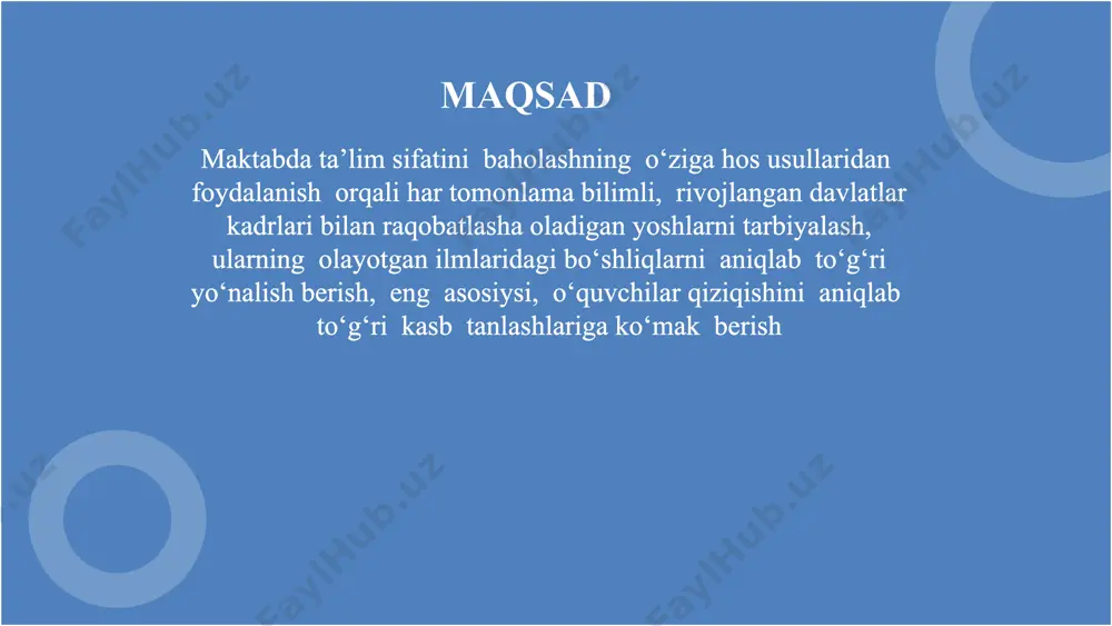 turlariga tayyorgarlikni kuchaytirish maktab direktori o‘tibdo‘ va barcha sinf rahbarlar iii-chorak ohirida o‘quvchilarga har tomonlama qulay bo‘lgan keng qamrovli baholash tizimi yo‘lga qo‘yiladi. 2 baholash natijalarining real hayot bilan bog‘liq emasligi 1.amaliy baholash usullarini joriy etish – laboratoriya ishlar, tadqiqot loyihalari va jamoaviy topshiriqlar asosida baholash tizimini kengaytirish. 2. ko‘nikmaga asoslangan baholash – o‘quvchilarning amaliy ko‘nikmalari, masalan, muammolarni hal qilish, jamoada ishlash, kommunikatsiya qobiliyatlari baholanishi lozim. 3. maktab va kasb-hunar tizimini integratsiya qilish – kasb-hunar ta’limi elementlarini maktab dasturiga kiritish. maktab direktori o‘tibdo‘ va barcha sinf rahbarlar iii-chorak ohirida va iv-chorak davomida har tomonlama hayotga tayyor kadrlarni yetishtiramiz,olgan ilmini amaliyotda qo‘llagan yoshlarimizda to‘liq tushuncha hosil bo‘ladi. 3 o‘quvchilar va ota-onalar uchun baholash tizimining tushunarsizligi 1. baholash tizimi bo‘yicha tushuntirish ishlari olib borish – ota-onalar va o‘quvchilar uchun seminarlar o‘tkazish. maktab direktori mmibdo‘ va barcha sinf rahbarlar har oyning 1-juma kunida olayotgan blimlarini doimiy nazoratda mustahkamlanishiga erishish va maktab va oila …