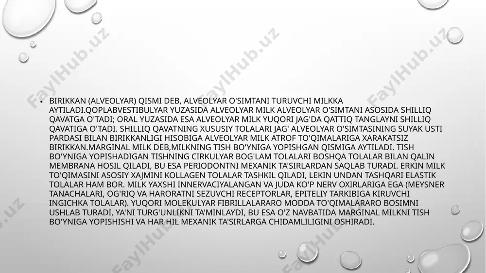 a mikroorganizmlarning roli gingivit va parodontitlarni asosiy shakllarini kelib chiqishida milk kirg'og'ini ustiga va undan pastrog'iga tish karashlarini hosil qilib yopishuvchi bakteriyalar sabab bo'ladi. og'iz suyuqligidan mikroorganizmlaming milk egatiga adsorbciyasi natijasida tish karashlari hosil bo'ladi. bunday adsorbciya glyukozani maxsus gelsimonligi, yuqori adgezivlikka egaligi, suvda erimaydigan polimerlari, dekstranlar, shuningdek so'lak oqsillari xisobiga amalga oshadi. mikroorganizmlarni ko'payishi va xujayra ichidagi glikogenoaminopektin va xujayradan tashqari-og'iz bo'shlig'iga tushadigan uglevodlar bilan rafinirlangan mahsulotlardan uglevod rezerv birikmalarni sintez qilinishidan yumshoq tish karashlari hosil bo'ladi. mikroorganizmlar mahsulotlarini akkumulyaciyasiga qarab milk yallig'lanishi yuzaga keladi, shunda tish karashini hosil qiluvchi mikroorganizmlar nisbati o'zgaradi. avvalo bu sohalarda grammusbat bakteriyalar koloniyalari (streptokokklar, aktinomicetlar), keyinchalik karash o'sishi bilan grammanfiy kokklar, shuningdek grammusbat va grammanfiy tayoqchalar va ipsimon shakllari uchraydi. parodontitning yallig'lanishini asosiy qo'zg'atuvchilari bu grammanfiy anaeroblar: bakteroidlar, fuzobakteriyalar, spiroxetalar, aktinomicetlar, anaerob kokklardir. parodont kasalliklarini chaqiruvchi bakteriyalarning asosiy hillari: o'tkir yarali gingivit bakt, intermedius, spirochetesxomiladorlar gingiviti - bakt. intermedius, kattalar parodontiti - bakt. …