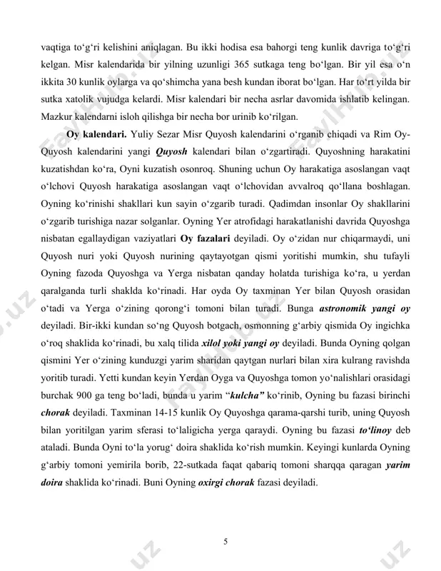 lan xira kulrang ravishda yoritib turadi. yetti kundan keyin yerdan oyga va quyoshga tomon yo‘nalishlari orasidagi burchak 900 ga teng bo‘ladi, bunda u yarim “kulcha” ko‘rinib, oyning bu fazasi birinchi chorak deyiladi. taxminan 14-15 kunlik oy quyoshga qarama-qarshi turib, uning quyosh bilan yoritilgan yarim sferasi to‘laligicha yerga qaraydi. oyning bu fazasi to‘linoy deb ataladi. bunda oyni to‘la yorug‘ doira shaklida ko‘rish mumkin. keyingi kunlarda oyning g‘arbiy tomoni yemirila borib, 22-sutkada faqat qabariq tomoni sharqqa qaragan yarim doira shaklida ko‘rinadi. buni oyning oxirgi chorak fazasi deyiladi. 29,5 sutkadan so‘ng oy yana astronomik yangi oy fazasida bo‘ladi. ikki ketma-ket kelgan yangi oy orasida o‘tgan vaqt oyning sinodik davri deyilib, 29 sutka 12 soat 44 minut 2,28 sekundga teng. siderik oy – oyning yulduzlarga nisbatan ikki ketma-ket kelgan bir xil vaziyati orasida o‘tgan vaqt bo‘lib, u 27 sutka 7 soat 43 minut 11,51 sekundga teng. oy atamasini biz ikki ma’noda ishlatamiz. oy - …