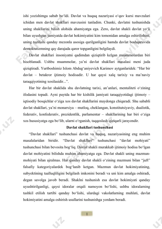 davlat mohiyatini bilishda muhim ahamiyatga ega. davlat shakli uning mazmun-mohiyati bilan ajralmas. har qanday davlat shakli o‘zining mazmuni bilan “juft” falsafiy kategoriyalardek bog‘lanib ketgan. mazmun davlat hokimiyatining, subyektining taalluqliligini belgilash imkonini beradi va uni kim amalga oshiradi, degan savolga javob beradi. shaklni tushunish esa davlat hokimiyati qanday uyushtirilganligi, qaysi idoralar orqali namoyon bo‘lishi, ushbu idoralarning tashkil etilish tartibi qanday bo‘lishi, ulardagi vakolatlarning muhlati, davlat hokimiyatini amalga oshirish usullarini tushunishga yordam beradi. davlat jamiyatning maxsus tarkibiy hududiy tashkiloti sifatida qanday muayyan shakllarda namoyon bo‘ladi? davlat har xil shakllarga ega bo‘lishi mumkin. huquqiy adabiyotlarda davlat shakli tushunchasiga turlicha ta’rif beriladi. ba’zi huquqshunoslar davlat shakli deganda davlat boshqaruvi va davlat tuzilishi shaklida o‘z ifodasini topadigan davlat organlari strukturasi va tashkilotini tushunadi. bunda davlat shakli tushunchasiga siyosiy rejimni qo‘shmaydilar. demak, davlat shakli tushunchasiga turlicha yondashiladi. ayrim huquqshunos olimlar davlat shaklini tor ma’noda talqin etadilar. ularning fikricha, mazkur tushuncha faqat boshqaruv shaklidir. boshqalar esa unga …
