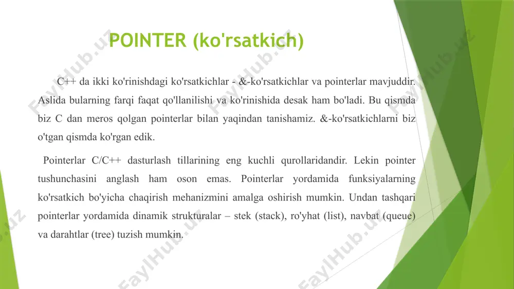 i berish pointerni 0 ga tenglashtirish bilan tengdir, ammo c++ pointerga to'g'ridan-to'g'ri 0 qiymatini berish afzalroqdir, chunki agar null emas, 0 qiymati berilsa, ushbu qiymat avtomatik ravishda pointerning tipiga keltiriladi. butun sonlardan faqat 0 qiymati pointerga keltirilishsiz berilishi mumkin. agar ma'lum bir hotira adresini pointerga bermoqchi bo'lsak, quyidagicha yozishimiz mumkin: int *iptr, address = 0x45ad7 ; iptr = (int *) address; // c uslubida tiplarni keltirish iptr = static_cast (address); // c++ " " " funksiylar ikki argumentlariga qarab ikki turga bo'linadi degan edik. argumentlar qiymat bo'yicha, yoki ko'rsatkich bo'yicha berilishi mumkin edi. qiymat bo'yicha berilgan argumentning funksiya chaqirig'iga nushasi beriladi. ko'rsatkich bo'yicha argument chaqirig'ida, funksiyaga kerakli argumentga ko'rsatkich beriladi. ko'rsatkich bo'yicha chaqiriqni ikki usulda bajarish mumkin, birinchi usul &-ko'rsatkichlar orqali amalga oshiriladi. ikkinchi usulda esa pointerlar qo'llaniladi. pointer argumentli funksiyalar pointerlar bilan chaqishning afzalligi (qiymat bo'yicha chaqiriq bilan solishtirganda) shundagi, agar ob'ektlar katta bo'lsa, ulardan nusha olishga vaqt ketqizilmaydi. …