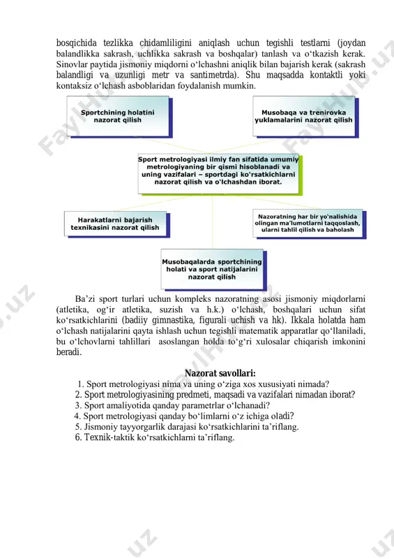 n vaqt oralig„ida muvofiqlashtirilgan murakkab harakatlarni bajarish qobiliyati. odatda, chaqqonlik taniqli mashqlar yordamida testlash orqali baholanadi: yugurib borib kelish, tez burilishlar va boshqalar. bunda, ularni bajarish texnikasi va vaqti baholanadi. 3. texnik-taktik ko‘rsatkichlar. sportchining texnik harakati turli–tumanlik va hajmi bilan tavsiflanadi. texnika hajmi – bu sportchi amalga oshirishi mumkin bo„lgan barcha maxsus harakatlar jamlanmasi. texnikaning turli–tumanligi – bu maxsus harakatlarni bajarishning turli variantlarini soni. harakatlar jamlanmasi va turli–tuman variantlar soni to„g„ridan–to„g„ri sanash yoki suratga olish yordamida aniqlanadi. ma‟lum bir harakatni ko„p marotaba takrorlashda texnika o„zgarishsiz qoladi. bunda harakatni bajarish chidamliligi, stabilligi tushunchalari ham mavjud. harakat taktikasi – bu, kurashni olib borish usullarining mosligi. taktikaning negizida musobaqalarni olib borishning ko‘p variantliligi va optimal variantini tanlash yotadi. ko„p variantlilik harakatlar soni va ularning kombinatsiyalarini hisoblash bilan bog„liq. sportchining tayyorgarligini nazorat qilish ko„pchilik mutaxassis–pedagog, shifokor, fiziolog, biokimyochi, psixolog, biomexanik mutaxassislar tomonidan birga o„tkazilganda yuqori samara beradi. majmuaviy nazorat qilish orqali sportchining holati to„g„risida …