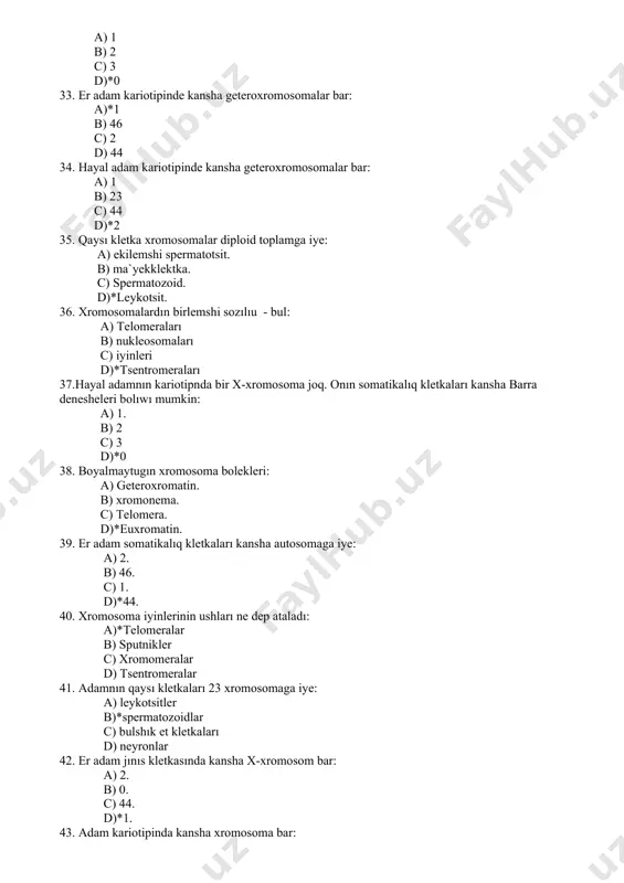 in. 39. er adam somatikalıq kletkaları kansha autosomaga iye: a) 2. b) 46. c) 1. d)*44. 40. xromosoma iyinlerinin ushları ne dep ataladı: a)*telomeralar b) sputnikler c) xromomeralar d) tsentromeralar 41. adamnın qaysı kletkaları 23 xromosomaga iye: a) leykotsitler b)*spermatozoidlar c) bulshık et kletkaları d) neyronlar 42. er adam jınıs kletkasında kansha x-xromosom bar: a) 2. b) 0. c) 44. d)*1. 43. adam kariotipinda kansha xromosoma bar: a) 23. b)*46. c) 26. d) 44. 44. xromosomalar kletkanın qaysı boliminde boladı: a)*yadro. b) mitoxondriya. c) ribosoma d) lizosoma 45. eksperiment uaktında mitoz jolı menen bolinip atırgan kletkalar jasalma kul`turasına bir zat kosılganda boliniw urshıgın buzıp jiberdi. eksperimentte qanday narseden kollanıldı: a) yod b) metanol c) gistamin d)*kolxitsin 46. somatikalıq kletkalar qanday xromosoma toplamga iye: a) gaploid b)*diploid c) poliploid d) gomologiyalıq 47. x –xromosomanın (xo) azayıwında, barmaklarda sızıqlar sanı kansha boladı: a) 175 b)*178 s) 176 d) 174 48. embriogenezdin qaysı …