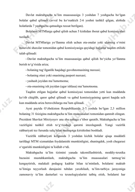 ngidan qurish, rekonstruksiya qilish va mukammal ta’mirlashning asosiy parametrlari, moliyalashtirish hajmi va manbalari; 2. 2017-2021 yillarda maktabgacha ta’lim muassasalarida bolalarni maktab ta’limiga tayyorlash bo‘yicha qisqa muddatli guruhlarni tashkil qilishning asosiy parametrlarini tasdiqlash vazifalarini belgilab oldi. dasturning asosiy maqsadli vazifalari va yo‘nalishlari etib quyidagilar belgilandi: · ilg‘or xorijiy tajribani hisobga olgan holda bolalarni har tomonlama intellektual, axloqiy, estetik va jismoniy rivojlantirish sharoitlarini yaratish; · maktabgacha ta’lim sifatini oshirish, maktabgacha ta’lim muassasalarida bolalarni maktabga sifatli tayyorlashni tubdan yaxshilash, ta’lim-tarbiya jarayoniga jahon amaliyotida keng qo‘llaniladigan zamonaviy ta’lim dasturlari va texnologiyalarini joriy etish; · maktabgacha ta’lim muassasalarida 5-6 yoshdagi bolalarni maktab ta’limiga tayyorlash bo‘yicha 6100 ta qisqa muddatli guruhni tashkil etish; · zamonaviy pedagogik texnologiyalar va uslublarni inobatga olgan holda maktabgacha ta’lim muassasalariga pedagog kadrlarni tayyorlash va malakasini oshirishning o‘quv reja va dasturlarini takomillashtirish; · 2200 ta maktabgacha ta’lim muassasasining moddiy-texnika bazasini mustahkamlash, shu jumladan qishloq joylarda maktabgacha ta’lim muassasalarini yangidan qurish, ularni zamonaviy …