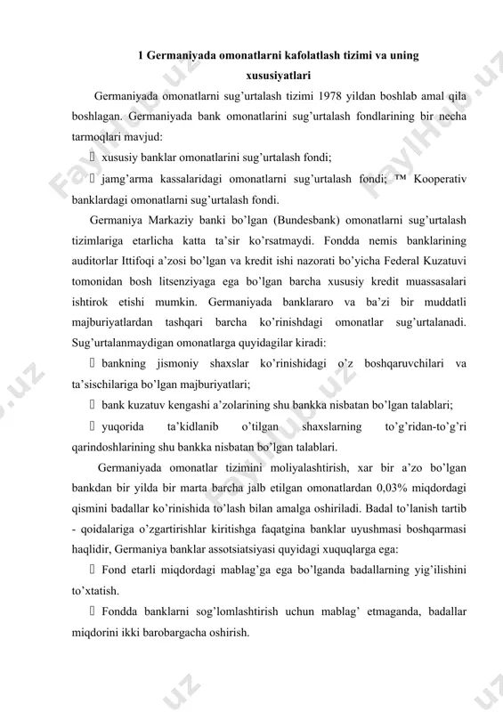 omlashtirish uchun mablag’ etmaganda, badallar miqdorini ikki barobargacha oshirish. sug’urta fondini boshqarish uchun banklar uyushmasi 9 kishidan iborat maxsus qo’mita tuzadi. qo’mita quyidagi vazifalarni amalga oshiradi: · banklarga yordam berish haqida qarorlar qabul qilish. · fond mablag’laridan foydalanishni tartibga soluvchi yo’riqnomalar ishlab chiqish. · fondga o’tkaziluvchi turli xil badallar miqdorlari haqida qarorlar qabul qilish. · fond faoliyati haqida moliyaviy hisobot taqdim etish. bank, fonddagi o’z faoliyatini to’xtatishi bankning banklar uyushmasi tarkibidan chiqib ketishiga va, aksincha, bankning banklar uyushmasi tarkibidan chiqib ketishi, uni fond tarkibidan chiqib ketishiga olib keladi. bu esa quyidagi hollarda yuz beradi: · fondga kerakli ma’lumotlarni etkazmaganda. · o’rnatilgan badallarni o’z vaqtida to’lamaganida. · auditor tekshiruvlariga xalaqit bersa. · fondda ishtirok etishini ochiq reklama qilsa. · fond faoliyatiga uyushma tomonidan ko’rsatilgan tegishli yuriqnomalarga amal qilmasa va hokazo. jamg’arma kassalardagi omonatlarni sug’urtalash fondi, omonatchilar huquqini ximoyalovchi qo’shimcha tashkilot sifatida xizmat qiladi. tashkilot sifatida uning faoliyatida kommunal ittifoqlari, okruglari va …