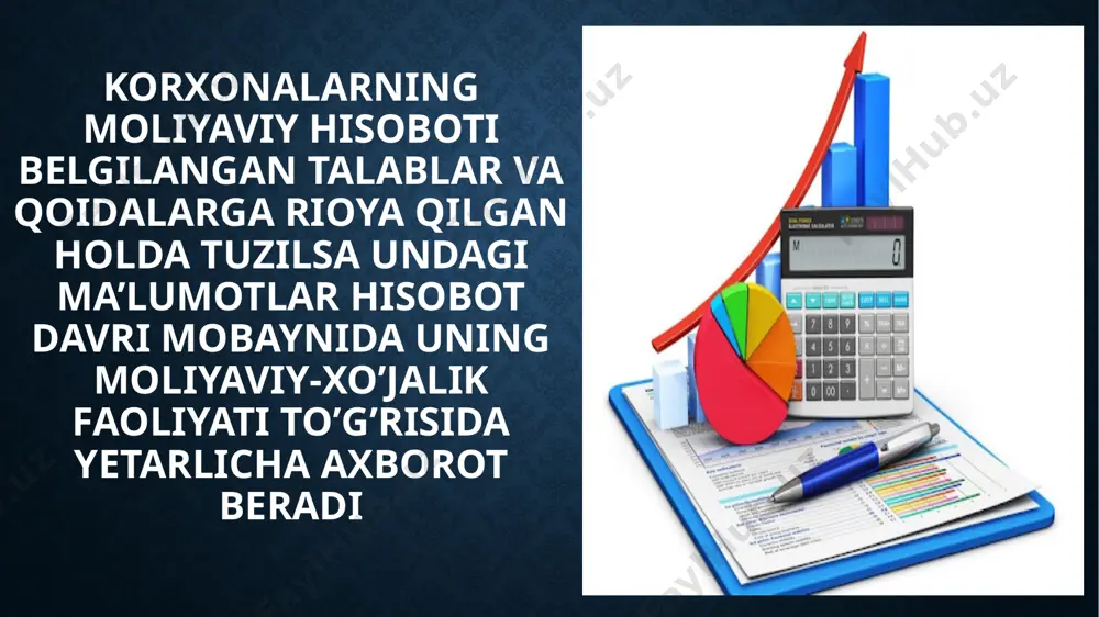 g moliyaviy natijasi; -favqulodda foyda va zararlar; -daromad solig’i to’langungacha bo’lgan umumiy moliyaviy natija; -hisobot davrning sof foydasi (zarari). umuman, moliyaviy natijalar to’g’risidagi hisobot, avvalgi va hozirgi balans hisobotlarini bog’lab turuvchi bo’g’in hisoblanadi, ya’ni u hozirgi balansdagi o’zgarishlar, avvalgisiga nisbatan, qanday daromad va xarajatlar hisobiga o’zgarganligini ifodalaydi adabiyotlar ro’yxati i. qonunlar, farmonlar, qarorlar va prezident i.a. karimov asarlari 2. ўзбекистон республикаси конcтитуцияси. - т, ўзбекистон, 2003. “бухгалтерия ҳисоби тўғрисида”ги ўзбекистон республикаси қонуни.-т.1996 йил 30 август. 3. хошимов б. бухгалтерия ҳисоби назарияси. дарслик.-т.: 2004й 4. www.gov.uz internet sayti e’tiboringiz uchun rahmat!!! image2.jpeg image3.jpg image4.jpg image5.png image6.jpg image7.jpg