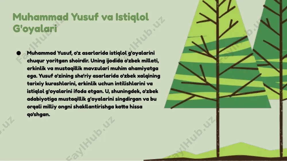 ing asarlarini o'rganib, milliylik va ijodiy tafakkurni rivojlantirishda davom etishlari kerak. 2023: ularning ijodida milliylik va zamonaviylik o'zaro uyg'unlikda bo'lishi muhimdir. zamonaviy o'zbek she'riyati va muhammad yusuf muhammad yusuf zamonaviy o'zbek she'riyatining eng muhim shoirlaridan biridir. uning asarlari o'zbek she'riyatini yangilash va rivojlantirishda katta rol o'ynagan. yusufning "o'zbekiston" she'ri, vatanga bo'lgan muhabbatni ifodalaydi va o'zbek xalqining tarixiy merosini yodga oladi. "yurakdan yurakka" she'ri esa insonning qiyinchiliklarga qarshi kurashini ko'rsatadi. uning ijodi, zamonaviy mavzularni o'z ichiga olgan holda, o'zbek she'riyatini yangi yo'nalishlarga olib chiqdi va yosh avlod uchun ilhom manbai bo'lib xizmat qilmoqda. ijoddagi istiqlol g'oyalari muhammad yusuf ijodida istiqlol g'oyalari muhim o'rin tutadi. uning she'rlarida mustaqillik, milliy g'urur va xalqning erkinligi haqida chuqur fikrlar mavjud. masalan, "o'zbekistonim" she'rida u vatan sevgisi va uning go'zalliklarini ta'kidlaydi. bundan tashqari, "istiqlol" she'rida mustaqillikning qadr-qimmati va uning xalq hayotidagi o'rni haqida so'z yuritadi. muhammad yusufning ijodi yosh avlodga mustaqillik g'oyalarini singdirishda katta ahamiyatga ega. …