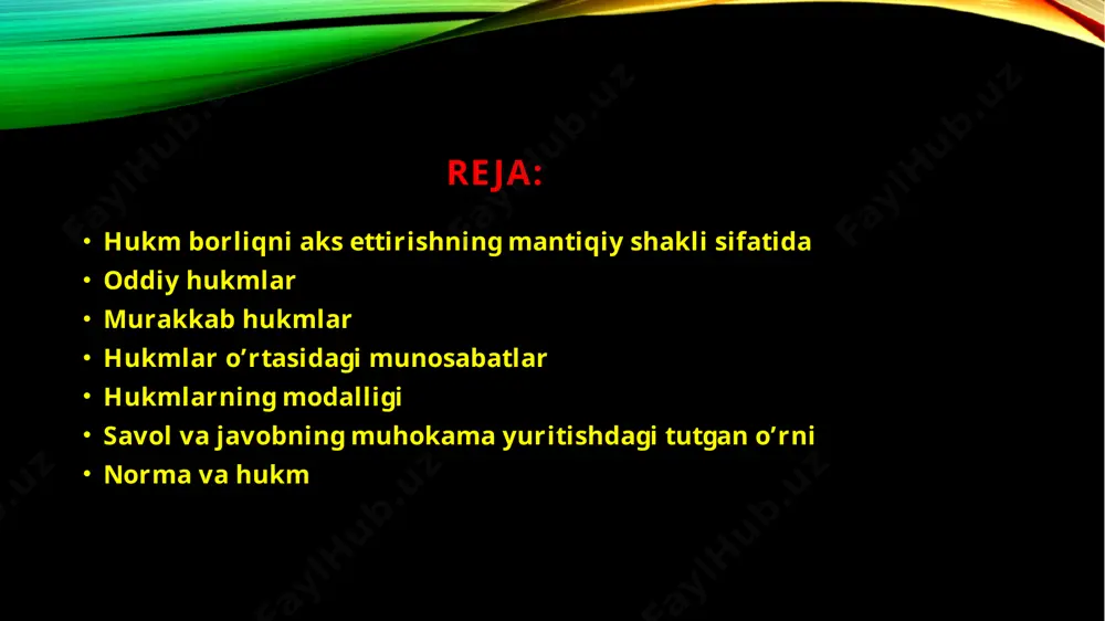 iq ilmini o’rganadilar». bu hukmlar lotin alifbosidagi a harfi bilan belgilanadi va «hamma s-pdir» formulasi orqali ifodalanadi. 2. umumiy inkor hukmlar bir vaqtning o’zida ham umumiy, ham inkor bo’lgan fikrni ifodalaydi. masalan, «hech bir ishbilarmon rejasiz ish yuritmaydi». bu hukm»hech bir s-p emas» formulasi orqali ifodalanadi va lotincha e harfi bilan belgilanadi. 3. juz’iy tasdiq hukmlar bir vaqtning o’zida ham juz’iy, ham tasdiq bo’lgan fikrni ifodalaydi. masalan, «ba’zi talabalar mas’uliyatli». u lotincha i harfi bilan belgilanadi va «ba’zi s-p dir» formulasi orqali ifodalanadi. 4. juz’iy inkor hukm bir vaqtning o’zida ham juz’iy, ham inkor bo’lgan fikrni ifodalaydi. masalan, «ba’zi talabalar sport bilan shug’ullanmaydilar». uning formulasi «ba’zi s-p emas» bo’lib, lotincha o harfi bilan belgilanadi. predikatning mazmuniga ko’ra oddiy hukm turlari ular qo’yidagilardan iborat: atributiv hukmlar, mavjudlik hukmlari munosabat hukmlari atributiv (sifat va xususiyat) hukmlarda biror xususiyatning predmetga xosligi yoki xos emasligi aniq, qat’iy qilib ko’rsatiladi. shuning uchun atributiv hukmlarni birorta …