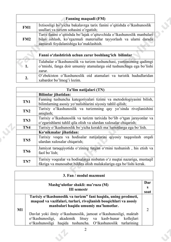 kalariga ega bo‘lishi kerak. 3. fan / modul mazmuni mashg‘ulotlar shakli: ma’ruza (m) iii semestr dars soat м1 tarixiy o‘lkashunoslik va turizm” fani haqida, uning predmeti, maqsad va vazifalari, turlari, rivojlanish bosqichlari va asosiy manbalari haqida umumiy ma’lumotlar. davlat yoki ilmiy o‘lkashunoslik, jamoat o‘lkashunosligi, maktab o‘lkashunosligi, akademik litsey va kasb-hunar kollejlari o‘lkashunosligi haqida tushuncha. o‘lkashunoslik turlarining o‘zaro bog‘liq ekanligi. 2 m2 tarixiy o‘lkashunoslik va turizmning asosiy manbalari. o‘lkashunoslikda arxeologiyaning roli. tarixiy o‘lkashunoslikning asosiy manbalari - arxeologiya, etnografiya, toponimika, arxiv hujjatlari hamda muzey materiallari va ularning o‘zaro aloqadorligi. arxeologiya - o‘lkashunoslikning asosiy manbalaridan biri, uning qadimshunoslik fani ekanligi haqida tushuncha. o‘zbekistonda arxeologiyaning rivojlanishi tarixidan. o‘lkamizda ibtidoiy, qadimgi va o‘rta asrlar arxeologiyasi. arxeologiya hamda o‘lkashunoslik va turizmning o‘zaro bog‘liq jihatlari. o‘lkamizni o‘rganishda arxeologiyaning tutgan o‘rni. 2 m3 mamlakatimizda o‘lka tarixining o‘rganilishi. eng qadimgi davr tarixi. surxondaryo viloyatining boysun tog‘idagi “teshiktosh” makonidan neandertal tipidagi odamning topilishi. farg‘ona vodiysidagi selung‘ur g‘oridan olimlarimiz tomonidan (o‘. …