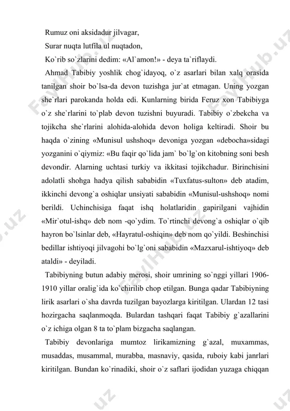 gis bu fazilatlarga hayron qoladi. tabibiy lirikasida oshiqlar ko`pincha xursandchilikdan ko`ra o`z maqsadlariga – mashuqalariga yeta olmaslik xususida chuqur hayajon bilan hasrat qiladilar. buning chuqur hayotiy ildizlari bor, albatta. yuqoridagi fikrlarimizning tasdig`ini shoirning mana bu murabbasida yaqqol his qilamiz. men kabi yo`qdir jahonda bir asiru notovon, kim sarig` yuz uzra qon yoshim erur doim ravon, ko`rsa holim yig`lagusi begumon qizu juvon, xotirimda ul sanam ishqi g`ami ozoridur. tabibiy lirikasidagi bu kabi qalb nidolari uning faqat shaxsiy tuyg`usigina emas, balki zamon, davr sadosining real aksi hamdir. shoir inson sevgisini qadrlab uni shu daraja ko`klarga ko`taradiki, uning davosini xatto luqmon-tabobatning otasi bo`lgan shaxs ham topa olmaydi: ilojin aylay olmassen, tabibiy, ishq dardining tabobat fanni ilmi ichra gar luqmoni davronsen. bunday she`rlar tabibiyning go`zallik, muhabbat, vafodorlik kuychisi ekanligini, pok sevgining olijanob kechinmalarini samimiy kuylaganini ko`rsatadi. tabibiy lirikasida o`z davri ijtimoiy – siyosiy tuzumi, xalqning turmushi qanday yoritilgan? tabibiy devonlarida faqat ishqiy g`azallargina emas, …