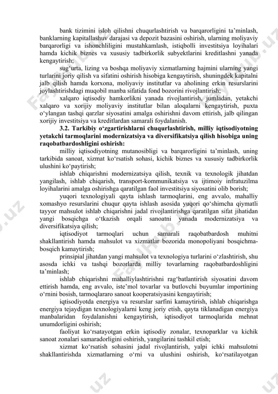 nazorat idoralari xodimlarini o‘qitish, tanlash, tayyorlash, qayta tayyorlash va malakasini oshirish, rotatsiya qilish tizimini takomillashtirish; huquqni muhofaza qiluvchi va nazorat idoralari xodimlari orasida huquqbuzarliklarni oldini olish, profilaktika qilish va bartaraf etish bo‘yicha idoraviy nazoratning zamonaviy mexanizmlarini joriy etish; huquqni muhofaza qiluvchi va nazorat idoralari faoliyati ustidan jamoatchilik nazorati mexanizmlari samaradorligini oshirish, fuqarolarning huquqni muhofaza qilish tizimiga bo‘lgan ishonchini mustahkamlash. 2.6. yuridik yordam va xizmat ko‘rsatish tizimini takomillashtirish: davlat organlarining yuridik xizmati faoliyati samaradorligini oshirish; advokatura institutini rivojlantirish, jinoyat, fuqarolik, ma’muriy va xo‘jalik ishlarini ko‘rib chiqishda advokatlarning rolini oshirish; notariat va fuqarolik holatlari dalolatnomalarini yozish organlari tizimini isloh qilish. iii. iqtisodiyotni rivojlantirish va liberallashtirishning ustuvor yo‘nalishlari 3.1. makroiqtisodiy barqarorlikni yanada mustahkamlash va yuqori iqtisodiy o‘sish sur’atlarini saqlab qolish: makroiqtisodiy mutanosiblikni saqlash, qabul qilingan o‘rta muddatli dasturlar asosida tarkibiy va institutsional o‘zgarishlarni chuqurlashtirish hisobiga yalpi ichki mahsulotning barqaror yuqori o‘sish sur’atlarini ta’minlash; xarajatlarning ijtimoiy yo‘naltirilganini saqlab qolgan holda davlat budjetining barcha darajalarida …