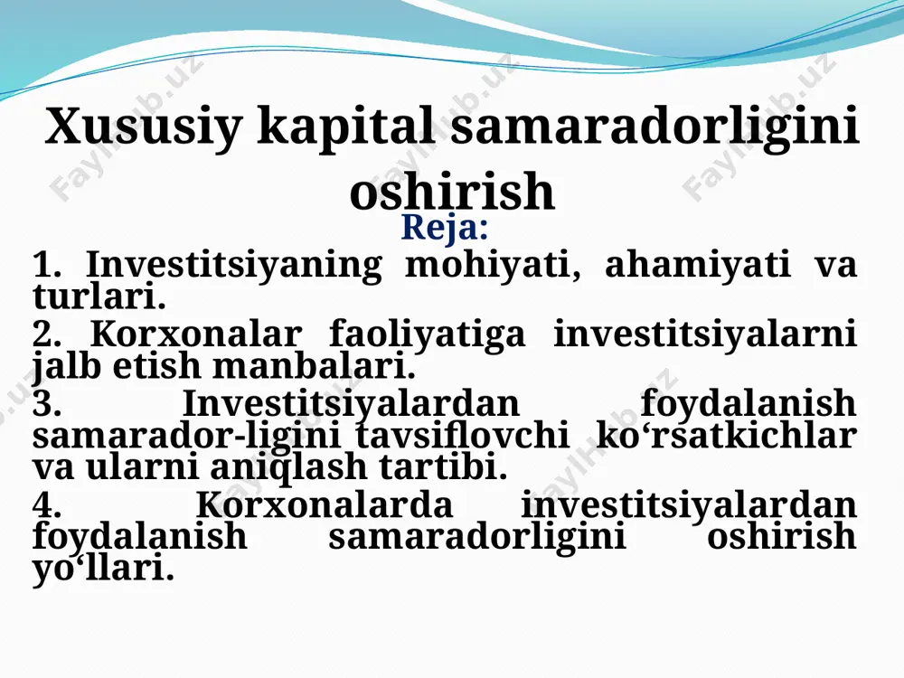 tashkil etadi. real investitsiyalar kapital qo‘yilmalar deb ham ataladi. qimmatli qog‘ozlarni (aksiya, obligatsiya, sertifikat va hokazo) shakllantirishga sarflangan mablag‘lar esa moliyaviy investitsiyalar hisoblanadi. korxonalarda moliyaviy investitsiyalar ko‘lamini kengaytirish maqsadga muvofiqdir. jumladan, korxonalar qimmatli qog‘ozlar chiqarib, sotilishini yo‘lga qo‘yish lozim. siyosiy va makroiqtisodiy barqarorlik investorlar huquqlarining kafolatlari soliq va bojxona to’lovlari bo’yicha imtiyoz va afzallliklar investitsiya muhiti xalqaro standartlarga javob beradigan moliya-hisob tizimi ishlab chiqarish uchun zarur infratuzilma xomashyo bazasi malakali va arzon ish kuchi qulay geografik joylashuv va zamonaviy logistika 11 korxonalarda barcha investitsiyalar quyidagi ikkita manbadan shakllantirilib, amalga oshiriladi: - korxonaning o‘z mablag‘lari hisobidan; - chetdan jalb qilingan mablag‘lar orqali. korxonaning investitsiyalarni shakllantirishda qo‘llaniladigan o‘z mablag‘lariga quyidagilar kiradi: - korxonaning sof foydasidan ajratilayotgan mablag‘lar; - amortizatsiya fondidagi mablag‘lar; - asosiy vositalarni tugatishdan, sotishdan kelib tushgan mablag‘lar; - asosiy vositalarni ijaraga berishdan tushgan mablag‘lar; - boshqa korxonalar qimmatli qog‘ozlarini sotib olishi natijasida oladigan dividendlardan ajratilayotgan mablag‘lar va boshqa shu kabilar. …