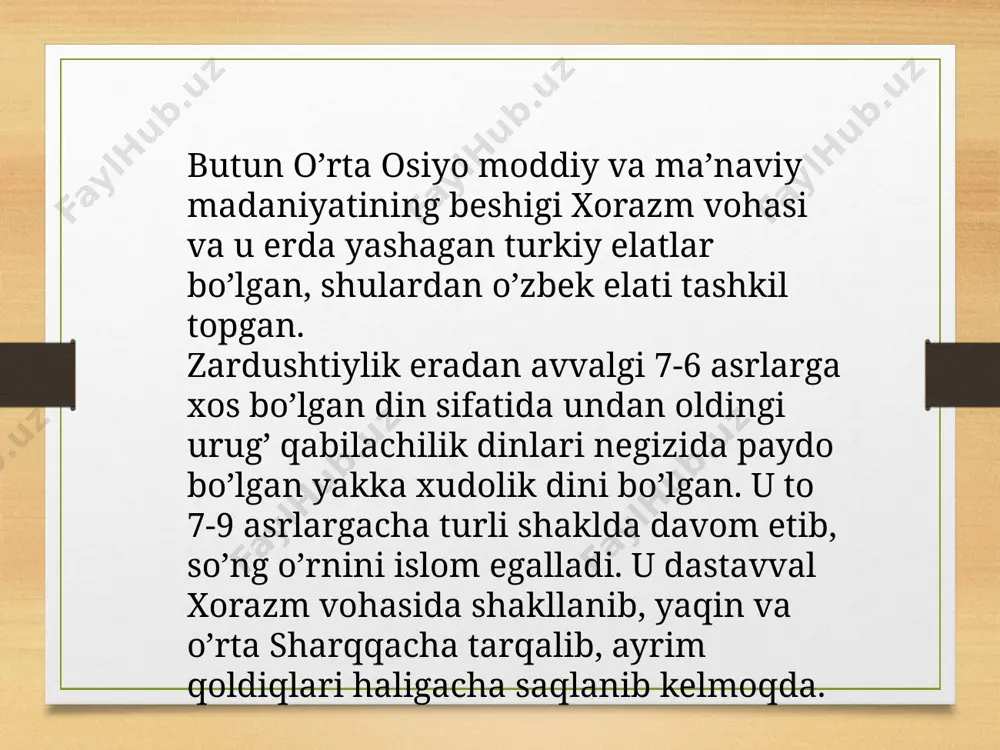 sht 40 yoshga yetganda o`zigacha bo`lgan ko`p xudolilik dini aqidalariga hamda tabiat hodisalariga qarshi chiqib, yakka xudolikka asoslangan birinchi diniy kitob “avesto”ni yaratgan. zardusht zardushtiylik dinining payg`ambarlari sifatida tan olingan va e`tirof etilgan. “avesto” haqida abu rayhon beruniyning “o`tmis xalqlardan qolgan yodgorliklar” nomli asarida yozib qoldirgan ma’lumotlari diqqatni tortadi. beruniy bunday yozadi: >. o`lkamiz arab xalifaligi qo`shinlari tomonlaridan fatx etilib, islom dining tarqalishi davrida ham zardushtiylik va uning muqaddas kitobi “avesto” qattiq ta’qib ostiga olindi. zardushtiylikning markaziy osiyoda vujudga kelganligiva uning jahon madaniyatiga ko`rsatgan ijobiy ta`sirini inkor etib bo`lmaydi. >ning bizgacha yetib kelganligi uchun eng avvalo ingliz va fransuz olimlaridan minnatdor bo`lishimiz kerak. chunki, 1755 yilda fransuz olimi a. dyupperon xindistonga ilmiy safar qilib, u yerdagi zardushtiy (mazdaiy)lar orasida uch yil yashadi, ularning ibodatlari, urf – datlari bilan yaqindan tanishdi va >ni fransuz tiliga tarjima qildi. > g`arbiy yevropa, eron va hindiston orqali bizga yetib kelganligidan undagi nomlar, ismlar va …