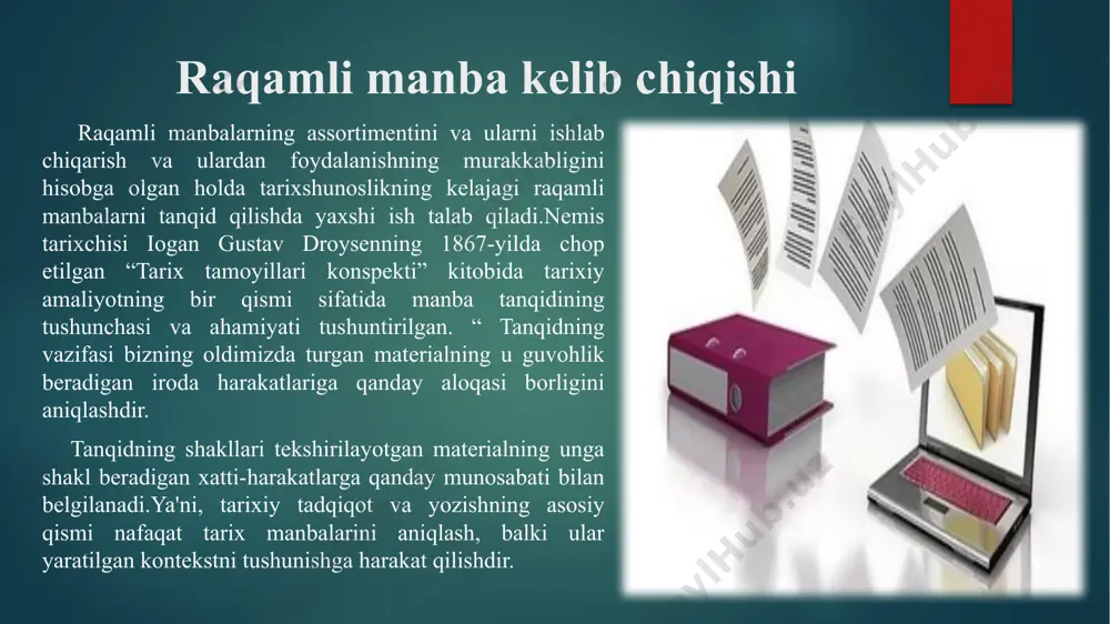 aqlash va ularga kirishni ta'minlashni endigina o'ylab topishayotgan bo'lsa-da, bunday manbalardan so'rash uchun bir qator asosiy savollar mavjud. quyida tug'ilgan raqamli manbalardan so'raladigan ba'zi muhim manbalarni tanqid qilish savollarining dastlabki o'rganilishi keltirilgan. digitizatsiya digitizatsiya kutubxonalar, arxivlar, tarixiy jamiyatlar, muzeylar va shaxslarga o'z kolleksiyalarini dunyo bilan osongina baham ko'rish imkonini berdi. bugungi kunda tadqiqotchilar raqamli shaklgacha bo'lgan davrda faqat to'plamga shaxsan tashrif buyurishi mumkin bo'lgan tavsiflovchi metama'lumotlarga ega bo'lgan asosiy manba materiallari tasvirlariga misli ko'rilmagan kirish imkoniyatiga ega.raqamli to'plamlarning juda ko'p turlari mavjud, ular internetda ham, kutubxonalar orqali mavjud obuna ma'lumotlar bazalari orqali ham mavjud. raqamli resurslar raqamli resurslar raqamli resurslarni raqamli shaklda ishlab chiqilgan va yaratilgan materiallar sifatida aniqlash mumkin analog materiallarni raqamli formatga aylantirish orqali. kutubxonaning raqamli resurslar to'plami boshqa joyda joylashtirilgan onlayn resurslarni, jismoniy formatdagi nashrlarni, raqamli medialarni qamrab oladi fayllar va tug'ilgan raqamli resurslar. kutubxona o'zining noyob merosi materiallarining raqamli nusxalarini ham yaratadi raqamlashtirish dasturlari [politikaga havola] …
