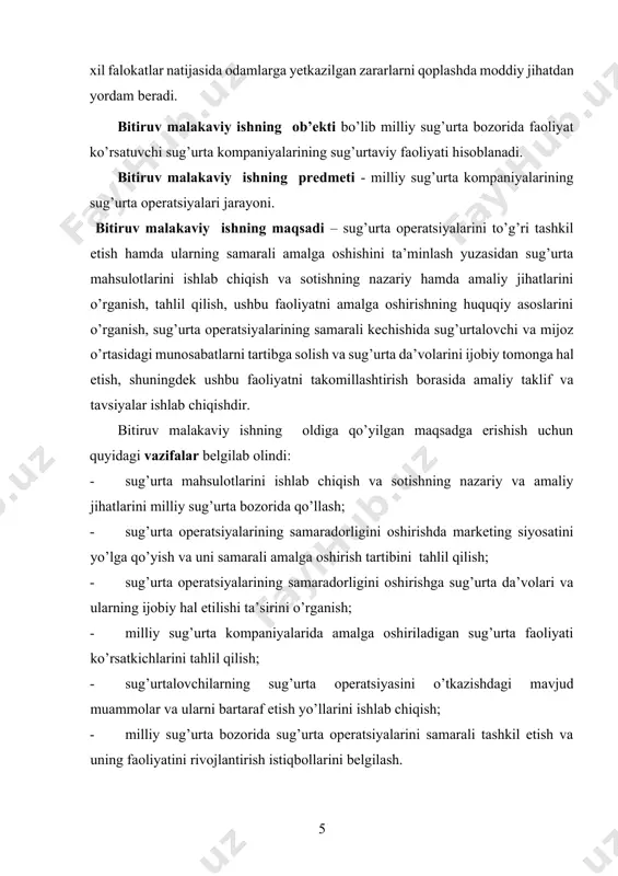 g sug’urta operatsiyasini o’tkazishdagi mavjud muammolar va ularni bartaraf etish yo’llarini ishlab chiqish; · milliy sug’urta bozorida sug’urta operatsiyalarini samarali tashkil etish va uning faoliyatini rivojlantirish istiqbollarini belgilash. bitiruv malakaviy ishning nazariy-amaliy ahamiyati. bitiruv malakaviy ish doirasida amalga oshiriladigan tahlillar yakunlari asosida ishlab chiqilgan xulosa va takliflar mamlakat sug’urta bozorini yanada takomillashtirishga, sug’urta kompaniyalarining sug’urta operatsiyalarini samarali tashkil etish va unda sug’urtalanuvchilar hamda sug’urtalovchilar manfaatlari uyg’unligini ta’minlashga qaratilgan islohotlar o’tkazishda ilmiy-nazariy asos sifatida xizmat qiladi. bitiruv malakaviy ishning tarkibiy tuzilishi - kirish, 3 ta bob, bitiruv malakaviy ishning asosiy mazmunini yorituvchi 7 ta savol, xulosa va takliflar, foydalanilgan adabiyotlar ro’yxati kabi tarkibiy qismlardan iborat. bmi da jadvallar, rasm, diagramma va sxemalardan foydalanilgan. i bob. sug’urtaning mazmun-mohiyati va uning iqtisodiyotni rivojlantirishdagi ahamiyati 1.1. sug’urta faoliyatida moliyaviy munosabatlar va ularning paydo bo’lishi tabiiy va boshqa stixiyali kuchlar ta’siri natijasida yuzaga keladigan zararlarni qoplash, oldini olish hamda ogohlantirish uchun maqsadli yo’nalishdagi pul fondlarini …