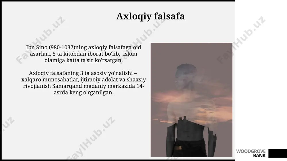 akllantirib, rivoj topgan. o‘zbekistondagi siyosiy falsafa taraqqiyoti, 20-asrning 90-yillaridan keyin, 5 dan ortiq yangi siyosiy tizimlar va g‘oyalarni o‘rganish bilan bog‘liq holda, milliy o‘ziga xoslikni aks ettiruvchi yangi yo‘nalishlarni belgilashga harakat qilmoqda. woodgrove bank inson falsafasi tarixi o'rta osiyoda, 9-10-asrlarda, buxoro va samarqand kabi shaharlarda, 20 dan ortiq yirik kutubxona mavjud bo'lib, ularda falsafiy asarlarning katta to'plamlari saqlangan. inson falsafasi tarixida qadimgi yunonistonda, miloddan avvalgi 6-asrda, ilk falsafiy maktablar, masalan, ionik maktabi, tabiat hodisalari haqida 5 ta element nazariyasini rivojlantirgan. woodgrove bank qadimgi yunon falsafasi qadimgi yunon falsafasi, miloddan avvalgi 6-asrda, milet shahrida, thales kabi faylasuflarning tabiat haqidagi ilk ilmiy izlanishlari bilan boshlangan. platon (miloddan avvalgi 428-348) va aristotel (miloddan avvalgi 384-322) kabi buyuk mutafakkirlar afinada yashagan va g'oyalar nazariyasi, mantiq va metafizika kabi sohalarga katta hissa qo'shgan. woodgrove bank e'tiboringiz uchun rahmat @taqdimot_robot woodgrove bank image1.jpg image2.jpg image3.jpg image4.jpg image5.jpg image6.jpg image7.jpg image8.jpg image9.jpg image10.jpg image11.jpg image12.jpg image13.jpg image14.jpg …