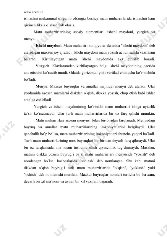 `tadi. · yo`nalish klavishalari (chapga yoki o`ngga) yordamida yurgich menyuning "tekst" buyrug`i ustiga keltiriladi va "enter" klavishi bosiladi. menyular satrida "tekst" menyusining amallari ("yuklash", "saqlash", "..qayta yozish" va hokazo) paydo bo`ladi. · yurgich "saqlash" buyrug`i ustiga olib kelinib "enter" klavishi bosiladi. · saqlanayotgan matnga nom berilib (fayl nomi) "enter" klavishi bosiladi. buni sxematik ko`rinishda quyidagicha ifodalash mumkin: f10 --> tekst --> saqlash --> "fayl nomi" imkoniyatlari ko`proq bo`lgan matn muharrirlari kamroq imkoniyatli matn muharrirlari bajara oladigan barcha amallarni bajarish imkoniyatiga ega. shu bois yuqori imkoniyatli matn muharririda ishlashni o`zlashtirib olsangiz boshqa matn muharrirlarida ishlash qiyinchilik tug`dirmaydi. foydalanilgan adabiyotlar ro`yxati: 1. ғуломов с.с., шермухаммедов а.т., бегалов б.а. иқтисодий информатика. - т.: ўзбекистон, 1999. 2. милли 3. й истиқлол ғояси: асосий тушунча ва тамойиллар, т. – янги аср авлоди, 2001 й. 4. насретдинова ш.с. windows 95 excel 7.0 сахифаларида.-т.: ўзбекистон, 1999. 5. м.арипов информатика ва хисоблаш техникаси т.2001й 6. рахмонқулова с.и. ibm …