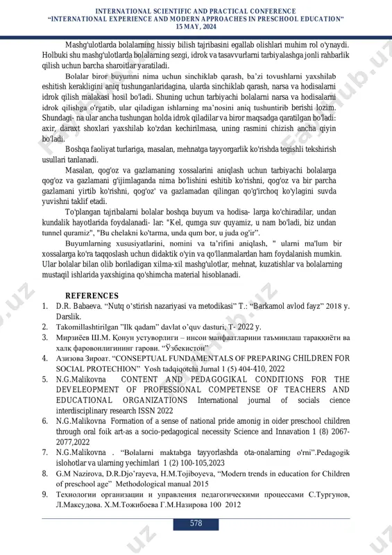 ngilligini his qiladilar. stollarni u yoq bu yoqqa siljitish, stullarni joy-joyiga qo'yish boshqa harakat sezgilarini uyg'otadi, fazoviy munosabatlarni, kontur chiziqlar va hokazolarni idrok qilishni talab etadi. shunga asoslanib, sensor tarbiyaning quyidagi vazifalari belgilanadi: ' - bolalarda perspektiv harakatlarni shakllantirish. - buyumlarning xususiyati, sifati, munosabati to'g'risidagi umumlashgan tasavvurlar sensor etalonlar sistemasini shakllantirish. sensor etalonlar ijtimoiy-tarixiy tajriba jarayonida hosil qilingan namunalardir. asosiy ranglar, geometrik shakllar, notalarda ifodalangan musiqali tovushlarning turli balandligi ana shunday etalonlar jumlasiga kiradi. agar bola etalonlar va ularning og'zaki ifodalanishi bilan tanish bo'lsa, uning te- varak-atrofni bilishi oson bo'ladi, u o'zi uchragan buyumlarni ma'lum bir etalon bilan taqqoslaydi hamda buyumning rangi, shakli, katta-kichikligi, detallarining fazoviy joylashishini aytib beradi. perseptiv harakatlardan, etalonlar sistemasidan amaliy faoliyatda va bilish jarayonida international scientific and practical conference “international experience and modern approaches in preschool education” 15 may, 2024 577 mustaqil foydalanish malakasini shakllantirish. sensor tarbiyaninng mazmuni o'z ichiga tevarak-atrofdagi hamma sensor belgilarni qamrab oladi. …
