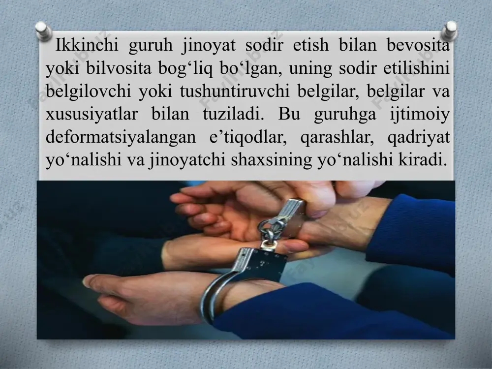 shdan oshgan («keksa jinoyatchilar»); b) ta’lim darajasiga ko‘ra jinoyatchilar boshlang‘ich, 8-sinf, o‘rta va to‘liq bo‘lmagan o‘rta (bir guruhga birlashtirilgan), oliy va to‘liq bo‘lmagan oliy ma’lumotlilarga bo‘linadi. 2) ijtimoiy ahvoli va kasbi to‘g‘risidagi ma’lumotlarga asoslanib: ishchilar, dehqonlar, xizmatchilar, nafaqaxo‘rlar, mehnatga layoqatli, lekin ishlamaydigan va o‘qimaganlar; 3) yashash joyi maʼlumotlari asosida: a) shahar (aholi soni, yosh - keksa), qishloq hududi; b) yashash muddati; v) muayyan xususiyatlarga ega hududda yashash; 4) intensiv jinoiy faoliyat to‘g‘risidagi ma’lumotlarga asoslanib: takrorlash va takrorlash (ko‘p, maxsus, ayniqsa xavfli); 5) shaxsning jinoyat sodir etish vaqtidagi holati to‘g‘risidagi ma’lumotlarga asoslanib: giyohvandlik, alkogolli mastlik, jinoiy guruh tarkibida, axloq tuzatish ishlari muassasasida jazoni o‘tash vaqtida, ma’muriy nazorat ostida bo‘lganida va boshqalar. e’tiboringiz uchun rahmat image3.jpeg image4.png image5.png image6.png image7.png image8.png