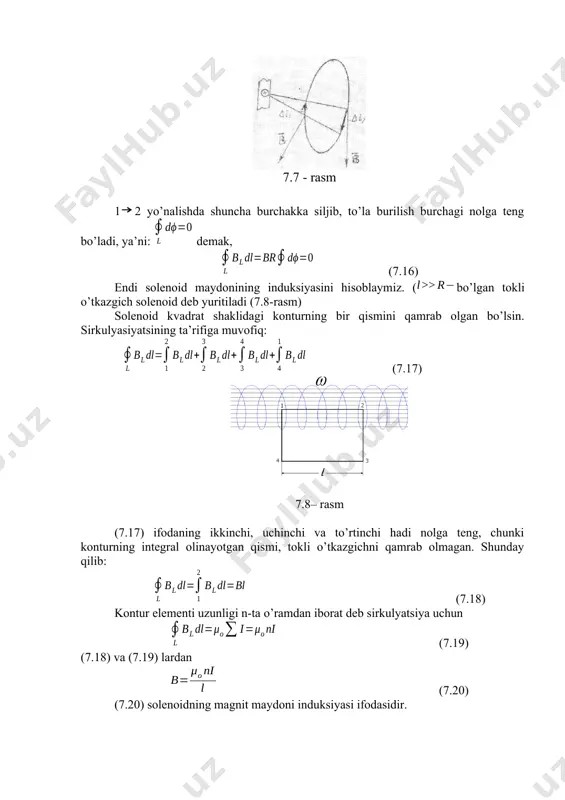 ta’rifiga muvofiq: (7.17) 7.8– rasm (7.17) ifodaning ikkinchi, uchinchi va to’rtinchi hadi nolga teng, chunki konturning integral olinayotgan qismi, tokli o’tkazgichni qamrab olmagan. shunday qilib: (7.18) kontur elementi uzunligi n-ta o’ramdan iborat deb sirkulyatsiya uchun (7.19) (7.18) va (7.19) lardan (7.20) (7.20) solenoidning magnit maydoni induksiyasi ifodasidir. magnit oqimi. gauss teoremasi magnit maydonini xarakterlashda magnit induksiya vektori bilan bir qatorda magnit oqimi tushunchasidan foydalaniladi. bir jinsli magnit maydonida joylashgan. ds-yuza orqali o’tayotgan magnit induksiya vektoriga son jihatidan teng kattalik magnit oqimi deb yuritiladi. (80-rasm) (7.21) 7.9-rasmdan, deb belgilab, (7.22) 7.9-rasm agar birlik normal vektor magnit induksiya vektori bilan o’tmas burchak hosil qilsa, dфb 0 musbat hisoblanadi. bir jinsli bo’lmagan magnit maydonida joylashgan berk sirt orqali o’tayotgan magnit oqimini hisoblaymiz, buning uchun sirtni shunday elementar bo’lakchalarga ajratamizki, uning har bir elementi uchun maydon bir jinsli deb hisoblanishi mumkin bo’lsin. u holda (2)-ni har bir elementar bo’lakcha uchun yozib, integrallaymiz. фb= (7.23) …