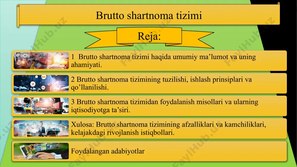 gdek, savdo jarayonlarini osonlashtiradi. 5 brutto shartnoma tizimining tuzilishi, ishlash prinsiplari va qo’llanilishi: brutto shartnoma tizimi, korxonalar va mijozlar o’rtasidagi muammolarni hal qilishga yordam beradi. u, mahsulotlarni ishlab chiqarish va sotish jarayonida bo’lgan barcha xarajatlarni hisobga oladi. bu jarayon, mahsulotning boshlang’ich holatidan tugashigacha bo’lgan barcha bosqichlarni o’z ichiga oladi. bu bosqichlar quyidagilarni o’z ichiga oladi: xom ashyo sotib olish, ishlab chiqarish jarayoni, xodimlarni to’lovlar, transport xarajatlari, bozor olish va hokazo. 6 brutto shartnoma tizimi, korxonalar uchun muhim ahamiyatga ega, chunki u ularning mahsulotlarini qanday sotishlari kerakligini ko’rsatadi. ushbu tizim, korxonalar uchun mahsulotlarning narxini aniq belgilashga yordam beradi, chunki u mahsulotni ishlab chiqarish uchun sarflangan barcha xarajatlarni hisobga oladi. brutto shartnoma tizimi, mijozlar uchun ham foydali. ular mahsulotning narxini aniq ko’rish imkoniyatiga ega bo’ladi va shuningdek, ular mahsulotning sifatini baholash uchun kerakli ma’lumotlarga ega bo’ladi. 7 brutto shartnoma tizimi korxonalar tomonidan quyidagi usullar bilan foydalaniladi: xarajatlarni aniqlash: korxonalar, mahsulot ishlab chiqarish …