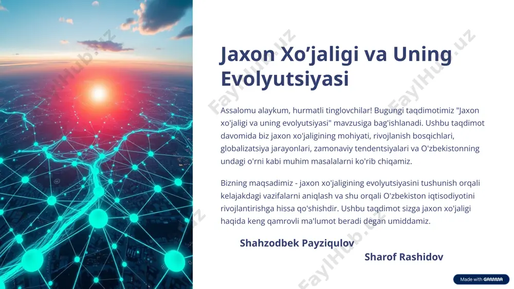 a boshladilar. bu esa mintaqalar o'rtasida savdo aloqalarining o'rnatilishiga olib keldi. agrar davr jaxon xo'jaligining asosini yaratdi va kelgusi rivojlanish bosqichlari uchun zamin hozirladi. bu davrda iqtisodiy aloqalar asosan qishloq xo'jaligi mahsulotlari bilan cheklangan edi. 4 industrial inqilob va uning jaxon xo'jaligiga ta'siri fabrikalarning paydo bo'lishi transportning rivojlanishi xalqaro savdoning o'sishi industrial inqilob jaxon xo'jaligida tub o'zgarishlar yasadi. fabrikalarning paydo bo'lishi, transportning rivojlanishi va xalqaro savdoning o'sishi jaxon xo'jaligining yangi bosqichga ko'tarilishiga olib keldi. mashinalar yordamida ishlab chiqarishning kengayishi, yangi texnologiyalarning joriy etilishi va transport infratuzilmasining yaxshilanishi tovarlar va xizmatlarning xalqaro miqyosda harakatlanishini tezlashtirdi. 5 globalizatsiya jarayonlari va ularning roli aloqa vositalarining rivojlanishi internet va mobil aloqa global aloqalarni osonlashtirdi. moliyaviy integratsiya xalqaro kapital harakati kuchaydi. siyosiy hamkorlik davlatlar o'rtasida siyosiy va iqtisodiy hamkorlik rivojlandi. globalizatsiya - bu mamlakatlar o'rtasidagi iqtisodiy, siyosiy va madaniy aloqalarning kuchayishi jarayonidir. globalizatsiya jaxon xo'jaligida muhim rol o'ynaydi, chunki u xalqaro savdoni rag'batlantiradi, investitsiyalarni jalb …