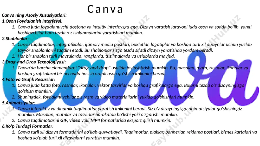 zaynlarni yaratish mumkin. apple keynote apple keynote — bu apple tomonidan ishlab chiqilgan taqdimot yaratish dasturi bo'lib, faqat macos va ios operatsion tizimlarida ishlaydi. keynote taqdimotlar yaratishda yuqori sifatli dizayn va oddiy ishlatish imkoniyatlarini taqdim etadi. dastur, powerpoint va google slides kabi boshqa taqdimot dasturlariga qaraganda ko'proq vizual jozibaga ega va apple ekotizimi bilan mukammal integratsiyalashgan. apple keynote ning asosiy xususiyatlari: yuqori sifatli dizaynlar: keynote yuqori sifatli va professionallikni ta'minlovchi dizayn shablonlari bilan birga keladi. uning dizayni ancha zamonaviy va minimalistik, shu bilan birga taqdimotlarni sodda va chiroyli qiladi. keynote’dagi shablonlar juda sifatli va tayyor elementlardan foydalanib, tezda jozibali taqdimotlar yaratish imkoniyatini beradi. animatsiyalar va effeklar: keynote taqdimotlarda dinamik animatsiyalar va effektlar qo'shish imkoniyatini taqdim etadi. slaydlar o'rtasidagi o'tishlar, matnlar va grafikalar uchun maxsus animatsiyalarni qo'llash mumkin. bu animatsiyalar taqdimotni yanada jonli va esda qolarli qiladi, auditoriyaning e'tiborini saqlab qolishga yordam beradi. intuitiv va foydalanuvchi-dostona interfeys: keynote interfeysi juda intuitiv …