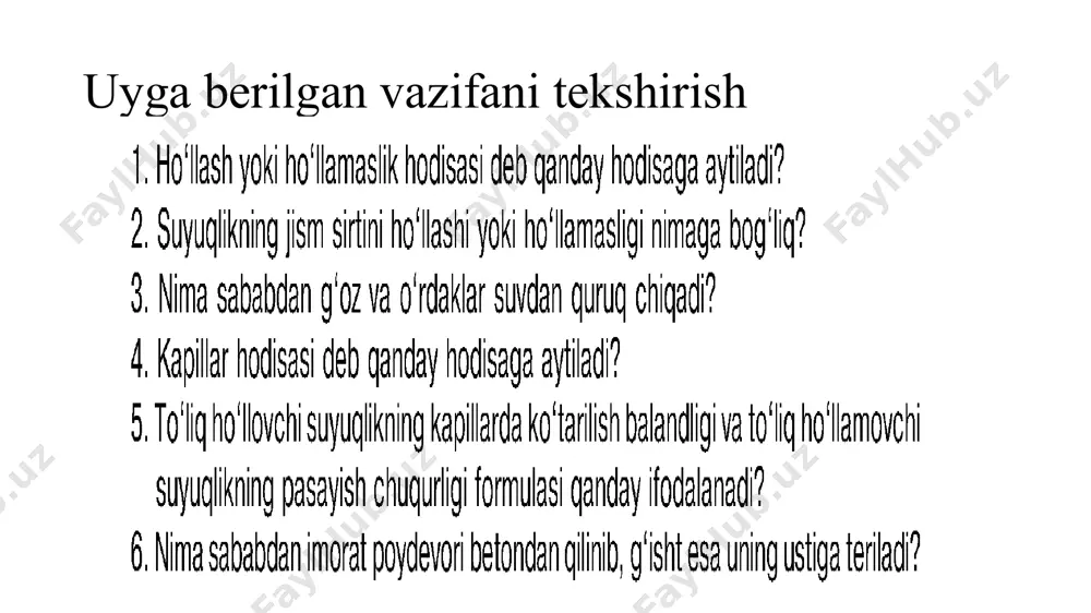 qatiy tartib yo’q. faqat bir-biriga yaqin atomlar birmuncha tartibli joylashgan. kristallar uchun xarakterli bo’lgan bir yo’nalish bo’yicha qatiy takrorlanuvchi xossalar amorf jismlarda mavjud emas. amorf jismlar atomlarining joylashishi suyuqliklardagi kabi o’zini tutadi. ayni bir modda kristall va amorf holatda bo’lishi mumkin. masalan kvrs sio2 kristall holatda ham amorf holatda ham (kremnezem) bo’ladi tarixiy ma'lumot tarixiy ma'lumot 1867 yil rus muhandisi a.v.gadolin kristallar 32 ko’rinishdagi simmetriya holatida bo’lishini isbotladi tarixiy ma'lumot rus kriallografi y.s. fedorov kristall tuzilishi 230 turi bo`lishini isbotladi учёные выяснили, что правильная форма кристалла обусловлена тесным, упорядоченным расположением частиц в кристалле (mis kuporasidan kristallning o'sishi 34 image1.png image2.png image3.png image4.jpeg image5.jpeg image6.jpeg image7.png image8.png image9.png image10.jpeg image11.jpeg image12.jpeg image13.png image14.png image15.png image16.jpeg image17.jpeg image18.jpeg image19.jpeg image20.jpeg image21.jpeg image22.jpeg image23.jpeg image24.png image25.png image26.jpeg image27.png image28.png image29.png image30.png image31.png image32.png image33.png image34.png image35.png image36.png image37.png image38.png image39.png image40.png image41.png image42.png image43.png image44.png image45.png image46.png image47.png image48.png image49.png image50.png image51.png image52.png …