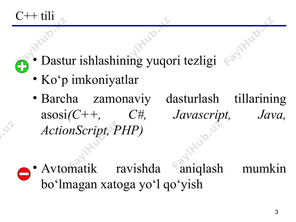 (unsigned) бутун сон тури: охирига u ёки u ҳарфлари қўйилган ўнлик, саккизлик ёки ўн олтилик оддий ёки узун бутун сон. маълумотларнинг ҳақиқий сон тури. маълумотларнинг ҳақиқий сон тури олти қисмдан иборат бўлиши мумкин: бутун қисм, нуқта, каср қисм, e ёки e белгиси, ўнлик даража ва f ёки f суффикслари. масалан : 66., .0, .12, 3.14f, 1.12e-12. маълумотларнинг узун ҳақиқий сон тури: охирига l ёки l суффикслари қўйилган ҳақиқий сон. масалан: 2e+6l; маълумотларнинг узун бутун сон тури. * tipning turlari. ma’lumotlar turi hajm, bit qiymatlar chegarasi tip vazifasi unsigned char 8 0…255 kichik butun sonlar va simvollar kodlari char 8 -128…127 kichik butun sonlar va asii kodlar enum 16 -32768…32767 butun sonlar tartiblangan katori unsigned int 16 0…65535 katta butun sonlar short int 16 -32768…32767 kichik butun sonlar, tsikllarni boshqarish int 16 -32768…32767 kichik butun sonlar, tsikllarni boshqarish unsigned long 32 0…4294967295 astronomik masofalar long 32 -147483648… …2147483647 katta sonlar float …