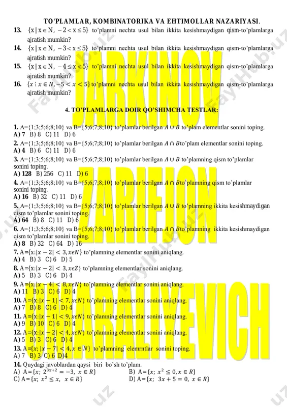 b\a , a b 30. a={x: xn, x 2   } ; b={x: xn, 2 x 7 } a b , a b , a\b , b\a , a b 3. to’plamlarga doir qo’shimcha misollar: 1. { , , , , }a b c d e to’plamning nechta qism-to’plamlari mavjud? 2. { | , 1 5}x x n x    to’plamning nechta qism-to’plamlari mavjud? 3. { | , 1 5}x x n x    to’plamning nechta qism-to’plamlari mavjud? 4. { | , 3 5}x x n x    to’plamning nechta qism-to’plamlari mavjud? 5. { | , 3 5}x x n x    to’plamning nechta qism-to’plamlari mavjud? 6. { | , 6 5}x x n x    to’plamning nechta qism-to’plamlari mavjud? 7. { | , 0 5}x x n x   to’plamning nechta qism-to’plamlari mavjud? 8. 2{ | , …