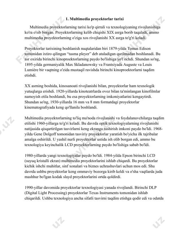 shuningdek, ularning texnik imkoniyatlari va interfeyslari yanada rivojlanib, yuqori sifatli raqamli kontentni uzatish imkonini beradi. 2. multimedia proyektorlarning asosiy turlari multimedia proyektorlar bugungi kunda ta’lim, biznes, ko‘ngilochar sohalarda keng qo‘llaniladi. ular tasvir va ovoz signalini katta ekranga yoki boshqa sirtga loyihalashtirib, keng auditoriyaga ko‘rsatuv imkonini beradi. multimedia proyektorlar bir necha asosiy turlarga bo‘linadi. quyida multimedia proyektorlarining asosiy turlari va ularning xususiyatlari haqida ma’lumot keltiriladi. birinchi tur: **dlp (digital light processing) proyektorlar**. dlp texnologiyasi bir yoki uch chiplik tizimlardan foydalanadi. bir chiplik dlp proyektorlar ko‘pincha kichik va yengil bo‘lishi bilan tavsiflanadi, ular harakatchanlik va qulaylik taqdim etadi. odatda, dlp texnologiyasi texnik jihatdan yuqori sifatli tasvir hamda yuqori aniqlikdagi videolarni taqdim etadi. ular, shuningdek, yuqori kontrastlilik darajasini ta’minlovchi xususiyatlari bilan ham ajralib turadi. shuningdek, dlp proyektorlarining rangli g‘ildiraklar ishlash prinsipi tufayli kamida 1024x768 piksellik aniqlikni taqdim etishi mumkin. ikkinchi tur: **lcd (liquid crystal display) proyektorlar**. lcd proyektorlar uch rangli (qizil, yashil, ko‘k) …