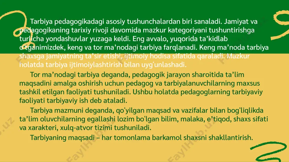 shlarni bu haqda xabardor qilmasdan) baholash; loyihani amaliy faoliyatda qoʻllash; tarbiyaviy tadbirni tashkil etish jarayoni; tarbiyaviy tadbirning oʻtkazilish xolati (samarali, samarasiz, muvaffaqiyatli, muvaffaqiyatsiz kyechganligi)ni muhokama qilish va yakuniy xulosa chiqarish. bu jarayonda tarbiyaviy tadbirlarning tashkil etilishiga nisbatan tyexnologik yondashuv mohiyati yoshlar mustaqilligini ta’minlashda quyidagi omillarning mavjudligiga e’tiborni qaratishni ham taqozo etadi: yoshlarda tarbiyaviy tadbirlarning oʻtkazilishiga nisbatan ichki ehtiyoj, qiziqish va ragʻbatning mavjudligi; tarbiyaviy tadbir gʻoyasining yoshlar ichki ehtiyojlariga mos kyelishi. yoshlarning tarbiyaviy tadbirlarni mustaqil tashkil etish borasida muayyan tajribalarga ega ekanliklari; barcha ta’lim muassasalarida pedagoglar 3 asosiy jihatlarga ahamiyat berishlari lozim: nazariy, ruhiy, amaliy nazariy jihati bu tarbiyachining pedagogik va psixologik bilimlarini tizimiy ravishda oʻz mehnat faoliyatiga moslash psixologik jihati bu tarbiyalanuvchilar bilan kun davomida oʻzaro munosabat oʻrnatish, muloqotda boʻlish jarayoni uchun sharoit yaratish. amaliy jihati bu tarbiyalanuvchi bilan oʻzaro munosabat oʻrnatish davomida bilim va tajribasiga tayanib, barcha malaka va koʻnikmalarni qoʻllash. oila tarbiyasida qoʻllaniladigan amaliy usullar: 1. ota-onalar o'rtasida …