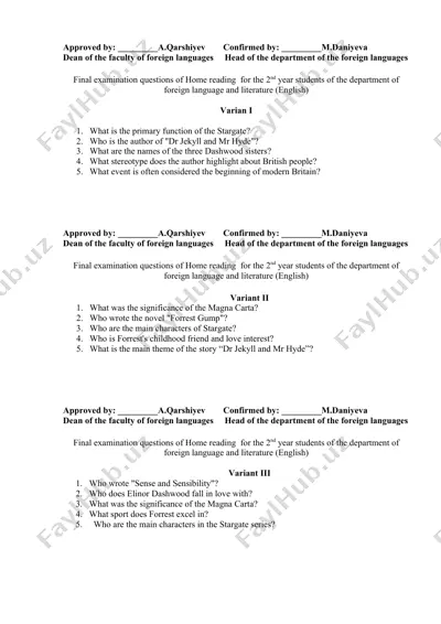 home reading final examination questions — DOCX