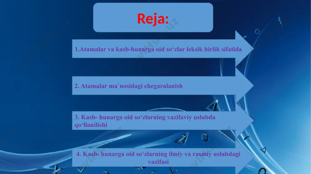 zlarga jamoatchilik tomonidan munosabat bildirildi. atamalar qo`llashda me‘yorni saqlab turish boshqa so`zlar, masalan, ko`p ma‘noli yoki sinonim so`zlar me‘yorini turg`un holatda ushlab turishga nisbatan osondek tuyuladi. aslida esa bu yerda ham o`z muammolari bor. masalan, shu paytgacha tilimizda faol ishlatilib kelinayotgan tovar so`zi o`rniga mol so`zini ishlata olamiz: mol, sanoat mollari, mol ayiraboshlash, mol olib kelmoq, narxi tushirilgan mollar kabi. ammo bunday ishlatish bemalol emas. sanoat mollari deyish mumkin bo`lgan holda oziq-ovqat mollari deb bo`lmaydi, mol keltirdim deganda faqat sanoat mollari tushuniladiyu, tovar keltirdim deganda farqlanmasdanmi yoki promtovari, prodtovari so`zlariga asoslanibmi, har ikkalasi ham tushunilaveradi. image1.jpg image2.jpg image3.jpeg image4.jpg image5.jpg image6.jpg image7.jpeg image8.jpg image9.jpg image10.jpg /docprops/thumbnail.jpeg