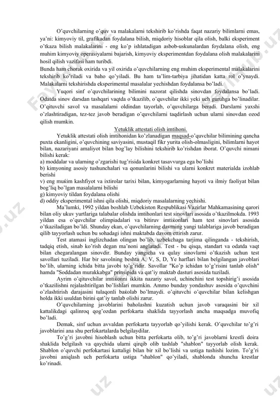 rmasidir. maxsus tanlab olingan savollar sistemasi o’qituvchining o’quvchilarni sistemali suratda kuzatib borganligi to’g’risida dalolat beradi. oldingi va ilgari o’tilmagan darslarning materiali ham so’raladi. shunday qaytarib turish o’quvchining bilimini puxtalash va kengaytirishga imkon beradi. vaqtni tejash maqsadida "qisqa so’rok" savol-javob o’tkaziladi. ular maxsus kartochkalarda oldindan yozib qo’yiladi. nazorat yozma ishlar. o’quvchilar bilimini hisobga olishning ayrim o’quvchilarningina emas, balki butun sinf o’quvchilarning ham o’zlashtirishini bir vaqtda tekshirib ko’rishga imkon beradigan tejamli vositasi nazorat yozma ishlardir. "bir pasli yozma ishlar" - 10-15 daqiqa davomida davom etadi - bu nazorat kundalikka kiritilishi mumkin. o’quv ishini sifati to’ђrisida o’quvchilarning o’zlashtirishga qarab hukm chiqariladi. o’quvchilarning o’zlashtirishini hisobga olishning uchta formasidan: kundalik vakti-vakti bilan va yakuniy formalaridan foydalaniladi. bularning uchalasi maktabda o’zlashtirishini hisobga olishning yaxlit bir sistemasini tashkil etadi. kundalik hisobga olish o’quvchilarning ishini sistemali suratda tekshirib borish asosida o’tkaziladi. o’quvchilar ishini kundalik kuzatib borish o’qituvchining har qaysi o’quvchining o’zlashtirishini maxsus tashkil etilgan so’roq yo’li bilan ancha …