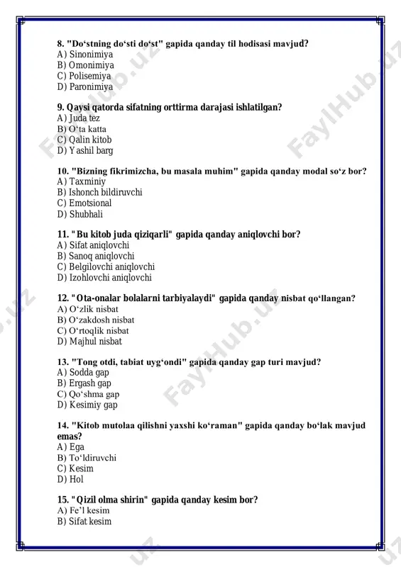 ar sinfda dars tayyorlayapti" gapida qaysi bo‘lak mavjud emas? a) aniqlovchi b) kesim c) hol d) to‘ldiruvchi 17. "juda baland tog‘" birikmasi qanday so‘z birikmasi? a) erkin birikma b) termin birikma c) frazeologik birikma d) sinonimik birikma 18. "kitobni o‘qib bo‘lgach, muhokama qildik" gapida qanday ergash gap bor? a) sabab ergash gap b) payt ergash gap c) maqsad ergash gap d) shart ergash gap 19. "shamol shiddat bilan esmoqda" gapida qanday vosita bilan bog‘langan? a) bog‘lovchi vosita b) ko‘makchi vosita c) shart vosita d) ko‘rsatish vosita 20. "juda chiroyli gul" birikmasi qanday so‘z birikmasi? a) erkin birikma b) frazeologik birikma c) sinonim birikma d) termin birikma 21. "zaynab va omon" qissasining muallifi kim? a) o‘tkir hoshimov b) g‘afur g‘ulom c) erkin vohidov d) said ahmad 22. qaysi asar g‘afur g‘ulom qalamiga mansub? a) kecha va kunduz b) shum bola c) o‘tkan kunlar d) mehrobdan chayon 23. ertak qanday janrga kiradi? …